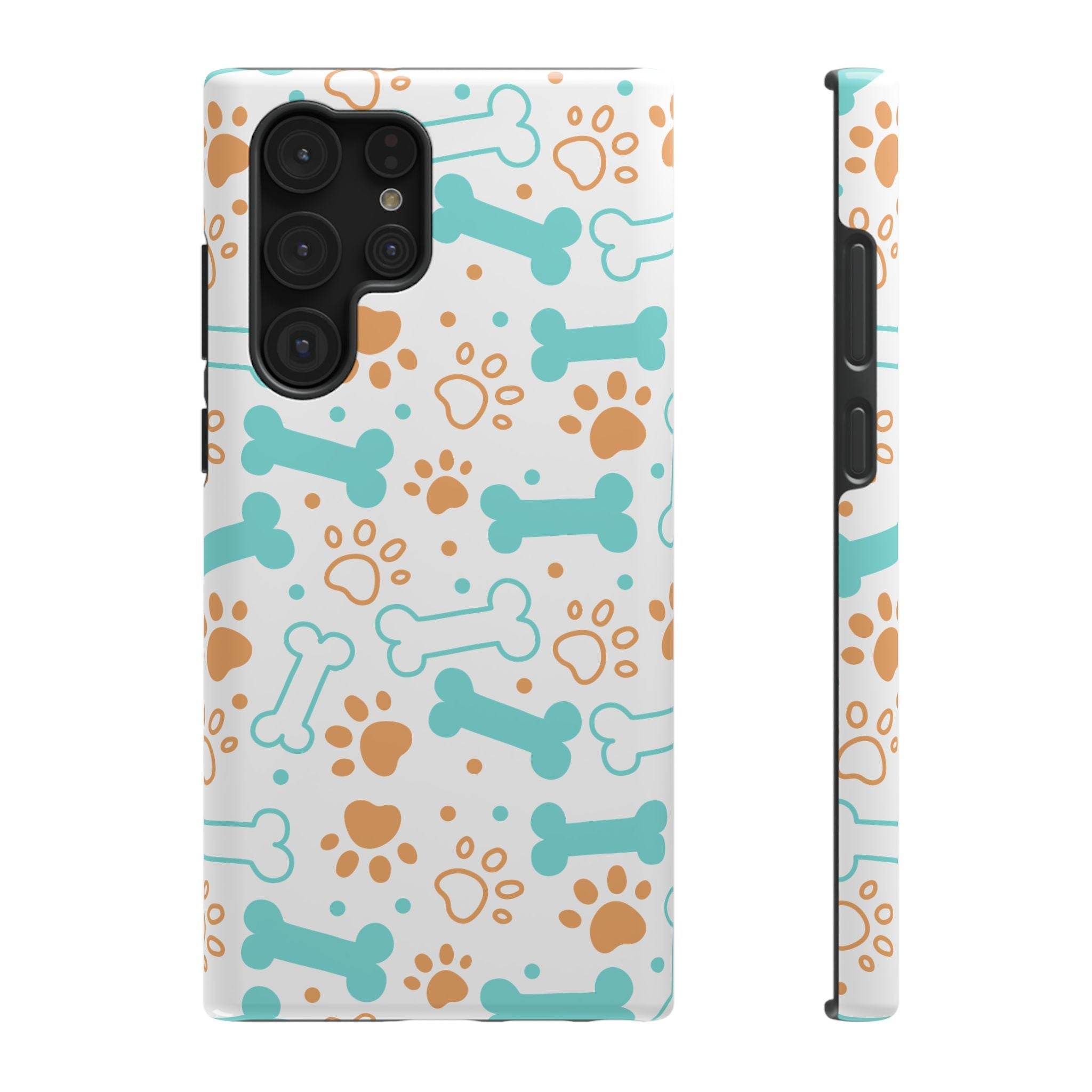 Printify phone case with blue and brown bone and paw print patterns impact-resistant pet-themed case
