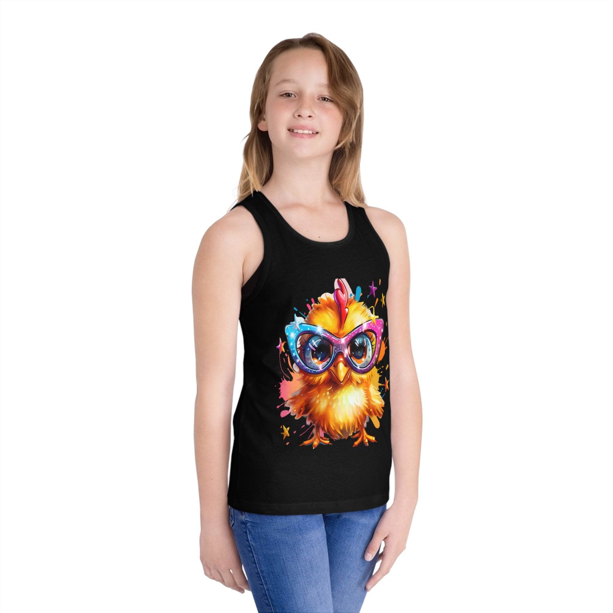 Kids eco-friendly tank top by Printify in black with colorful cartoon chick wearing glasses design