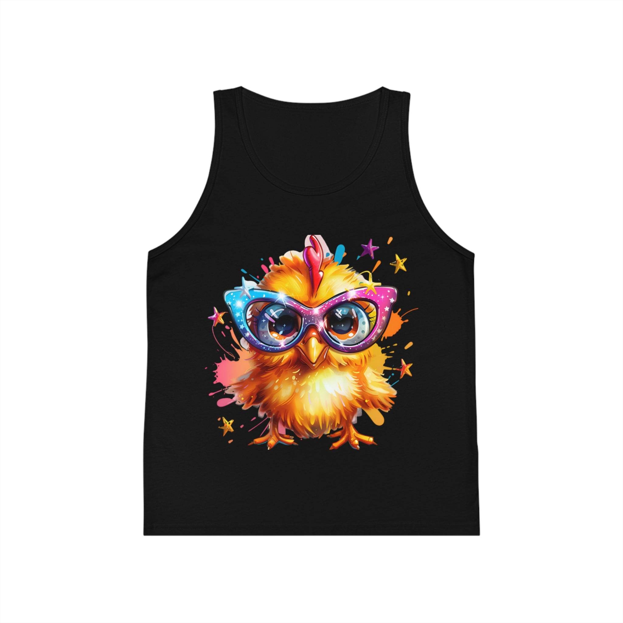 Kids eco-friendly tank top in black with colorful chick wearing oversized glasses design