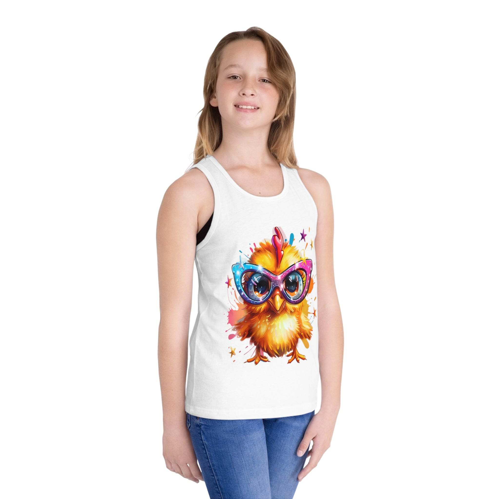 Kids eco-friendly tank top by Printify featuring a colorful chick wearing sunglasses print