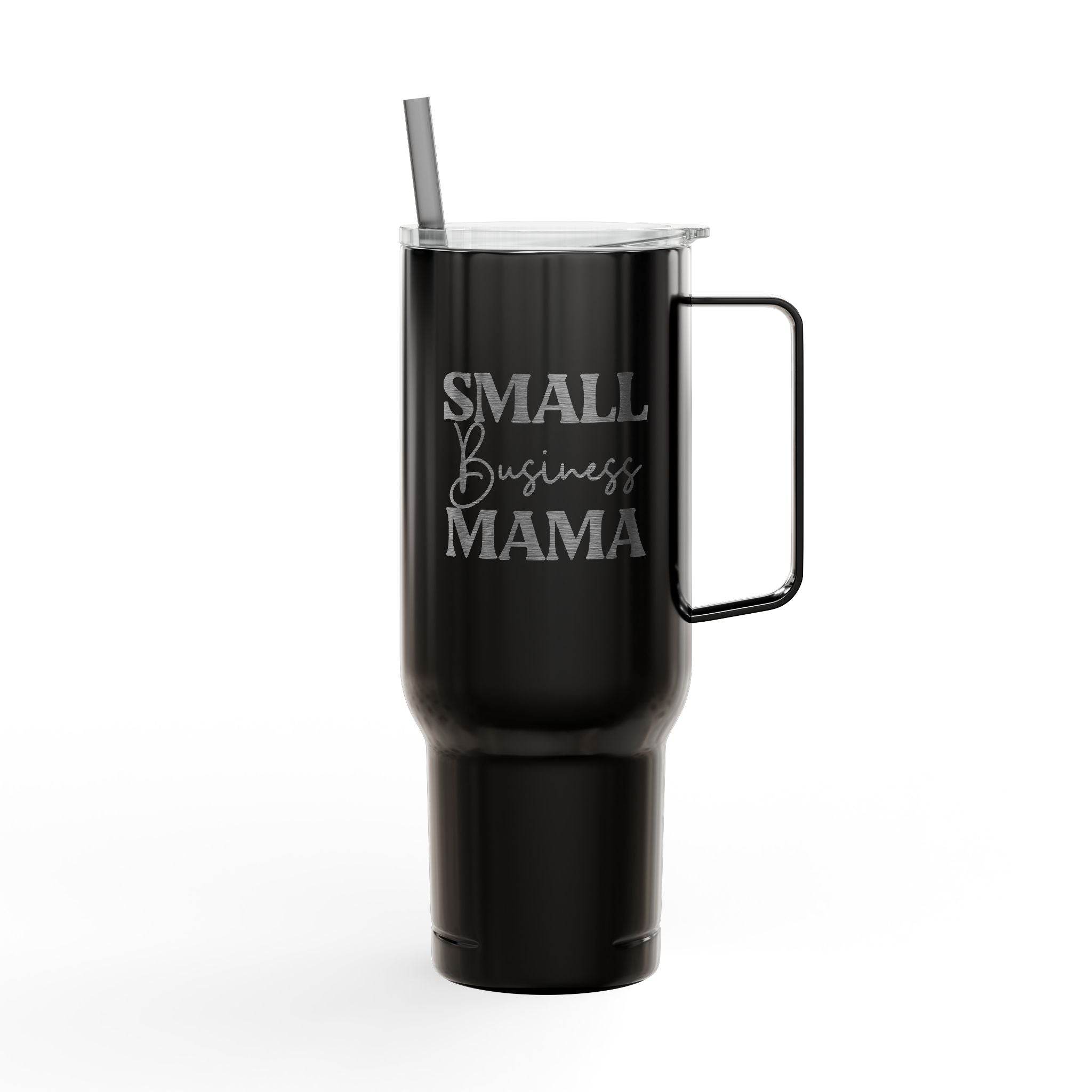 Black eco-friendly insulated tumbler with handle and clear lid featuring Small Business Mama design