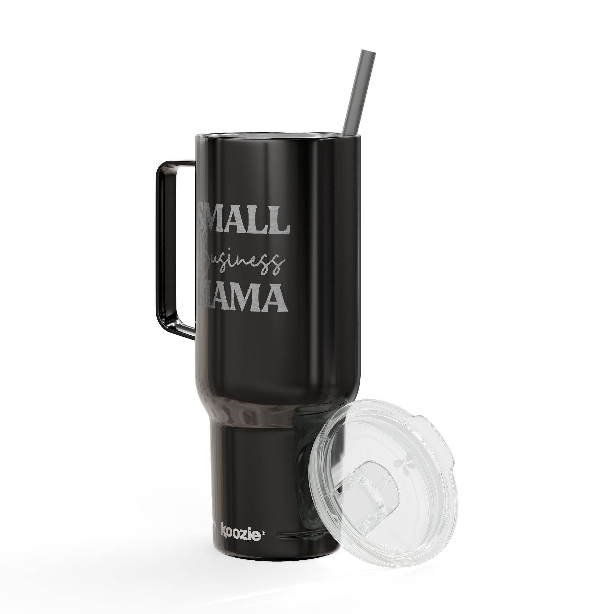 Black eco-friendly insulated tumbler with handle and clear lid by Printify for hot and cold drinks