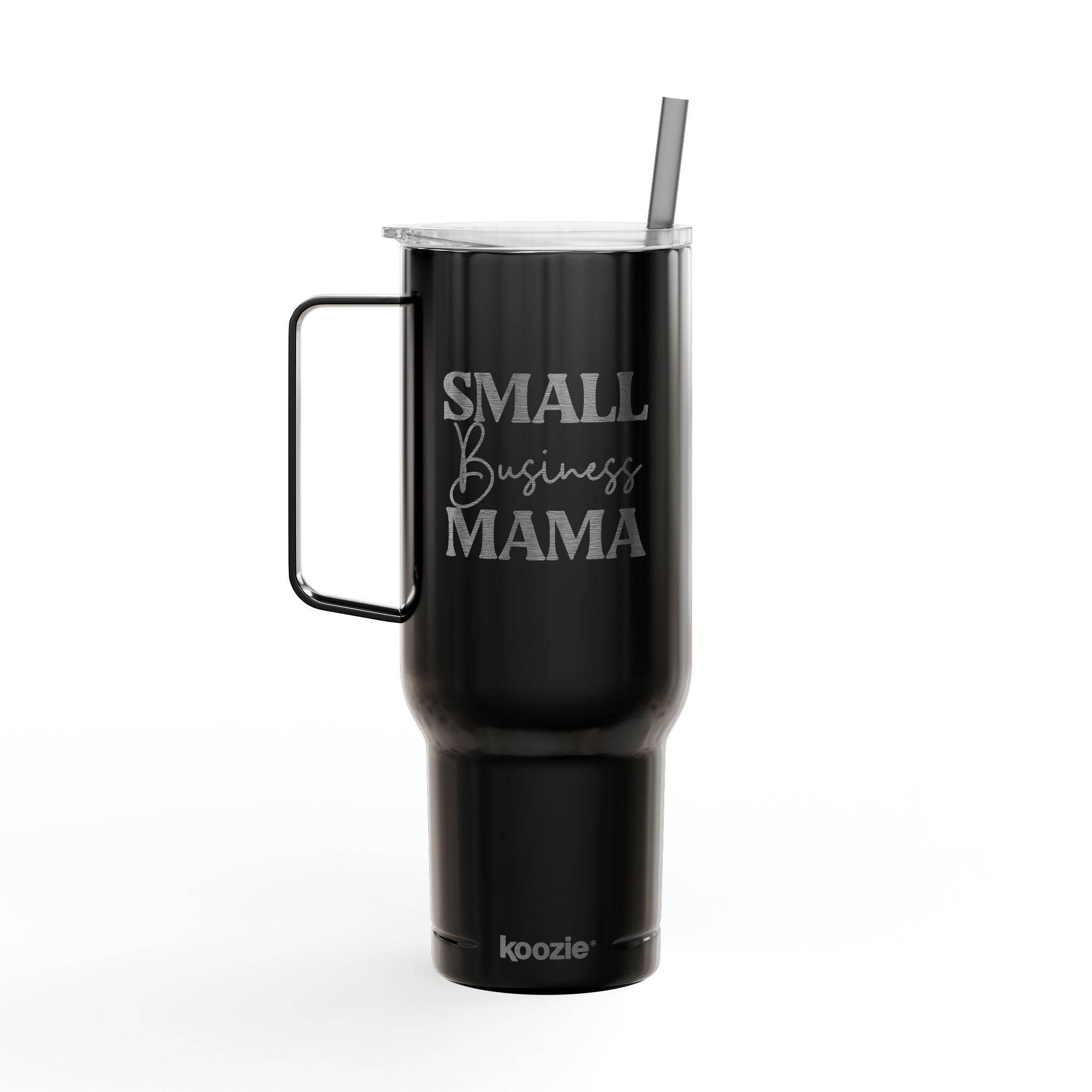 Black eco-friendly insulated tumbler with handle and straw featuring Small Business Mama design