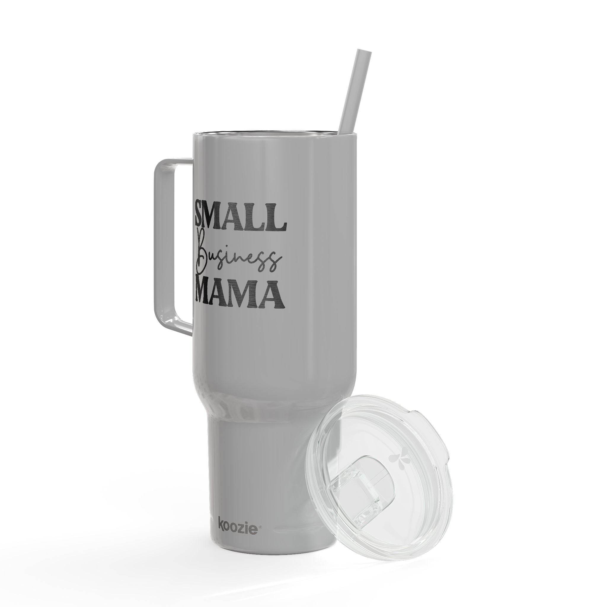 Printify eco-friendly insulated tumbler with handle and lid featuring Small Business Mama design