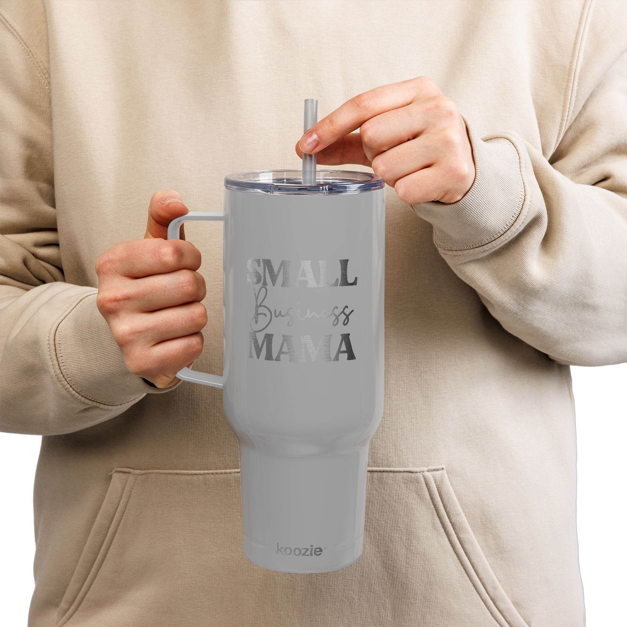 Printify eco-friendly insulated tumbler in gray with small business mama design and clear lid held by person