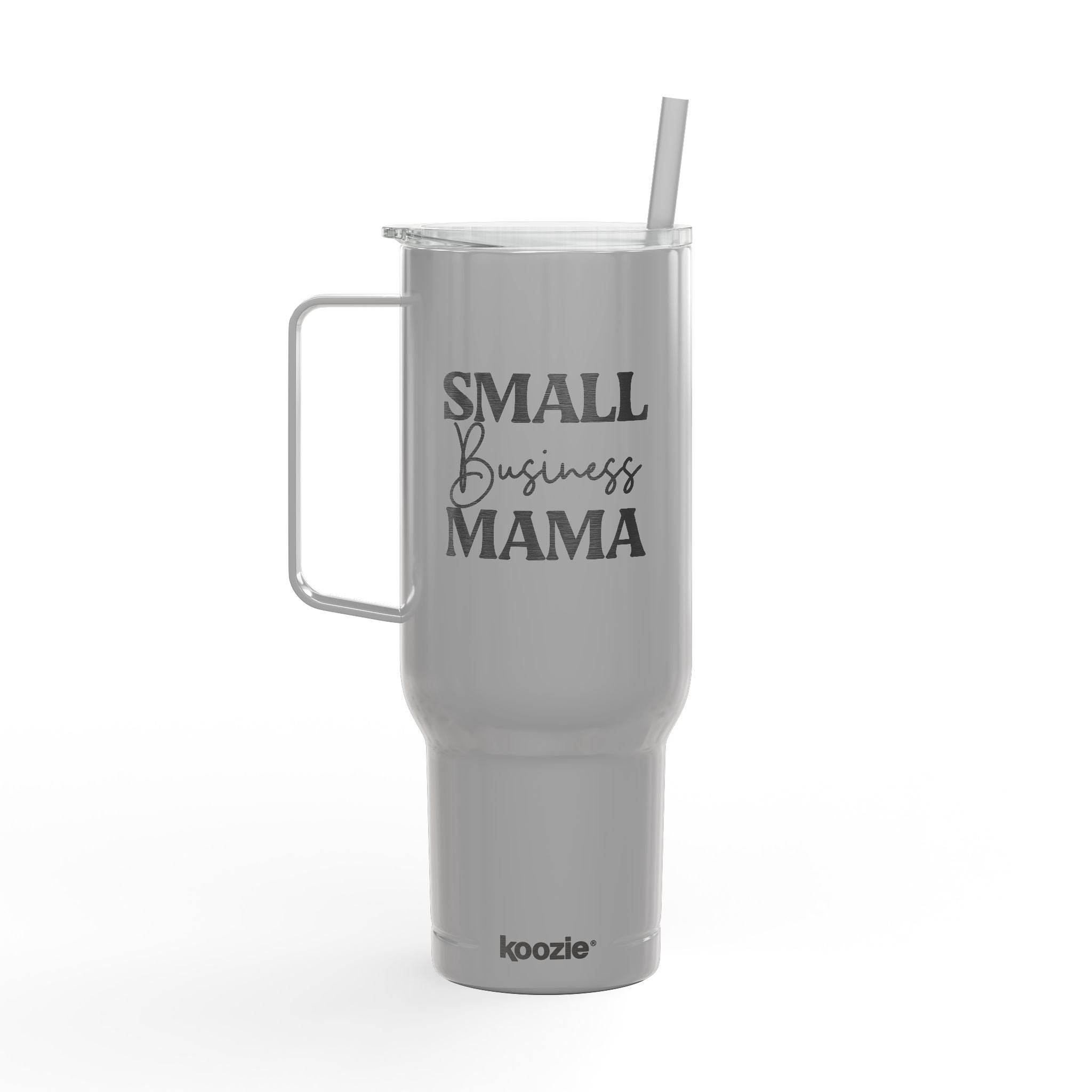 Printify eco-friendly insulated tumbler with handle and straw featuring Small Business Mama design