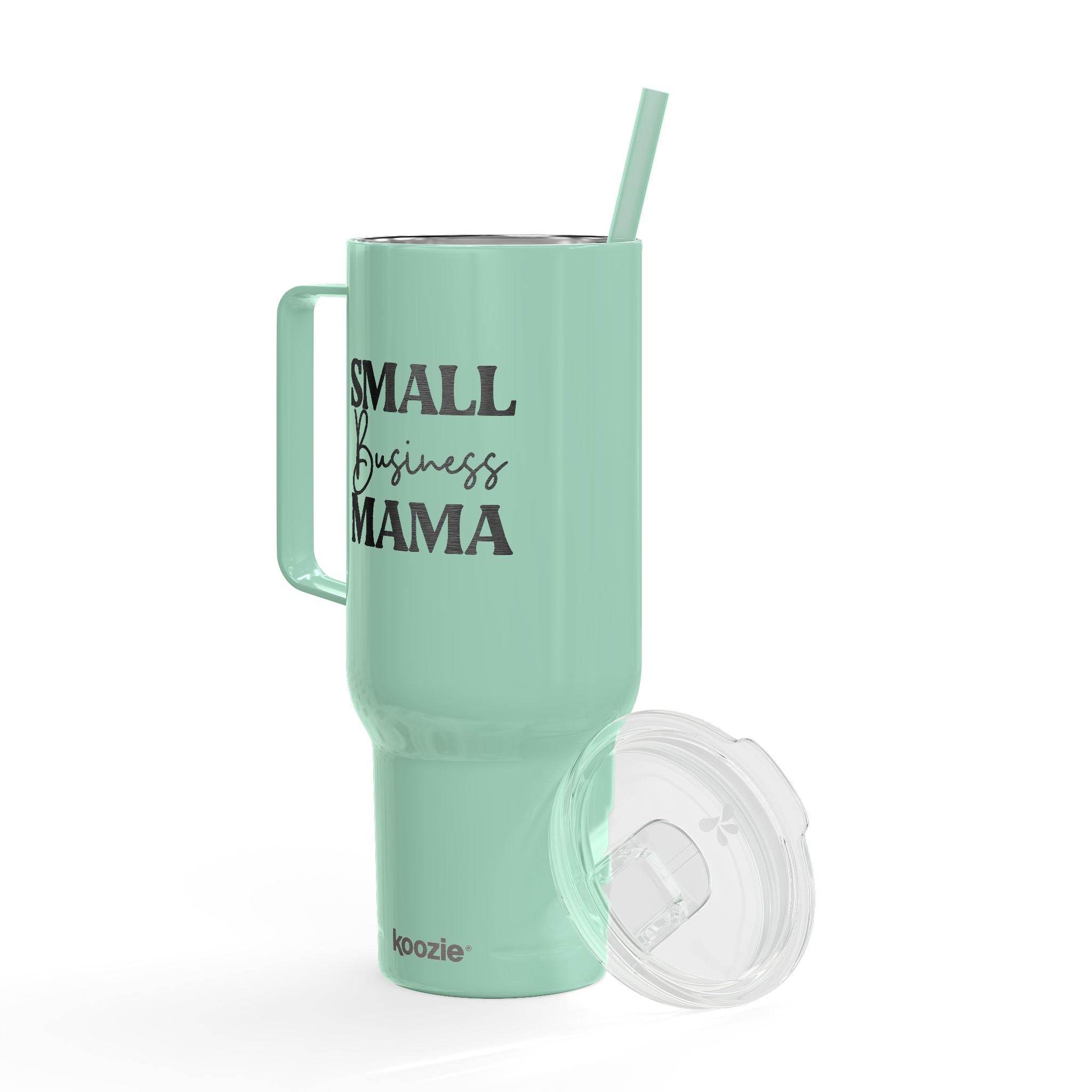 Printify eco-friendly insulated tumbler in mint green with handle and straw Small Business Mama design