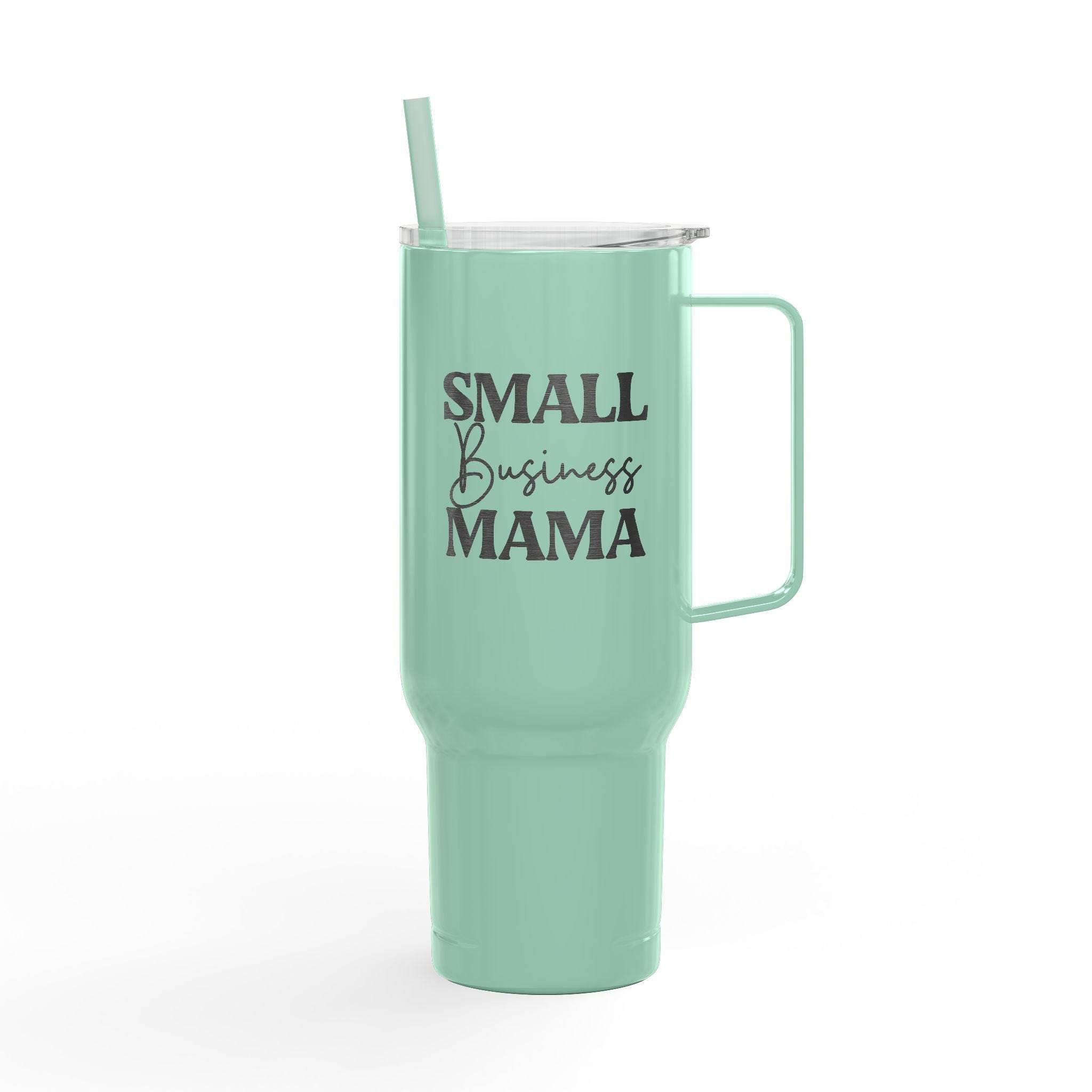 Printify eco-friendly insulated tumbler in mint green with small business mama text and handle