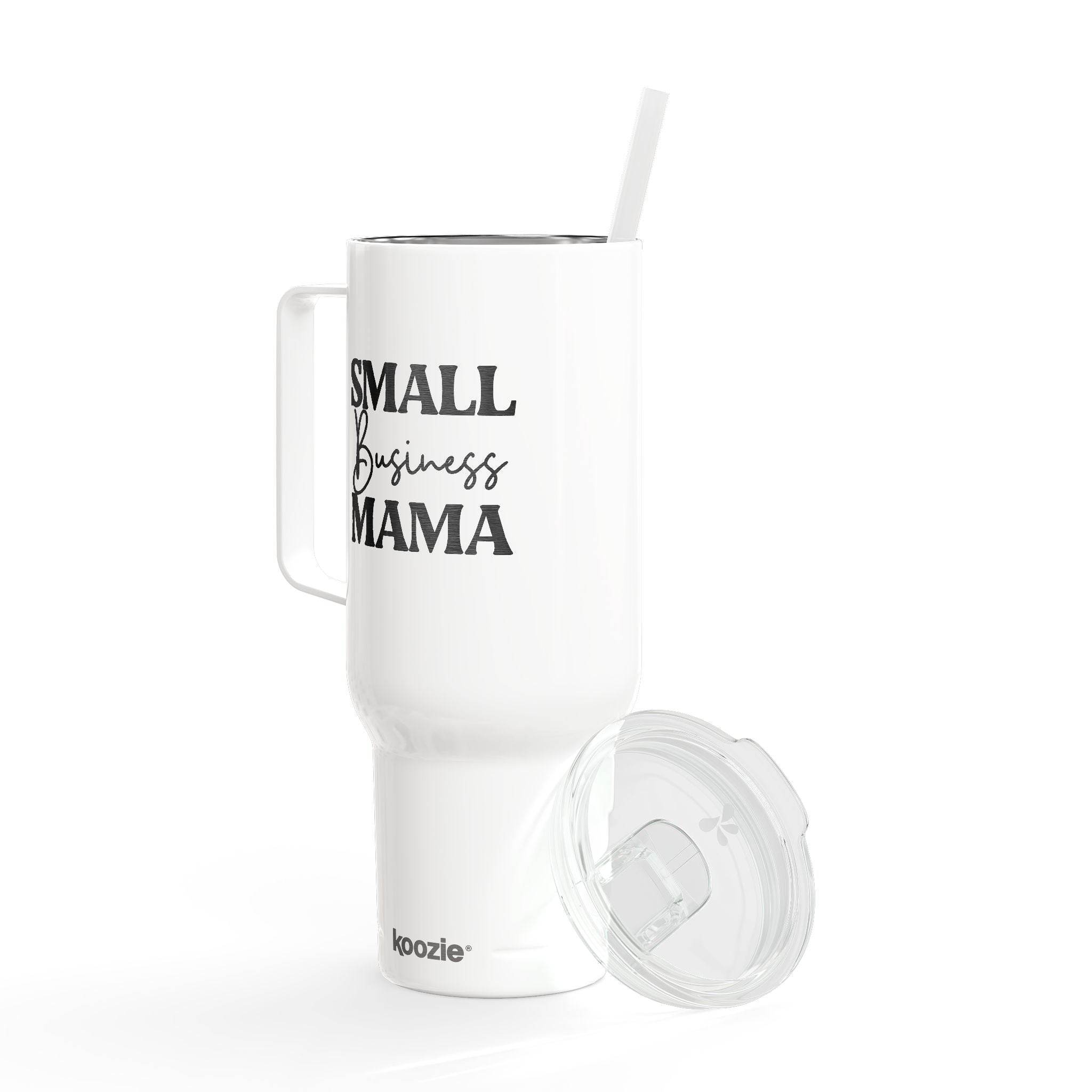 White eco-friendly insulated tumbler with handle and straw featuring Small Business Mama text