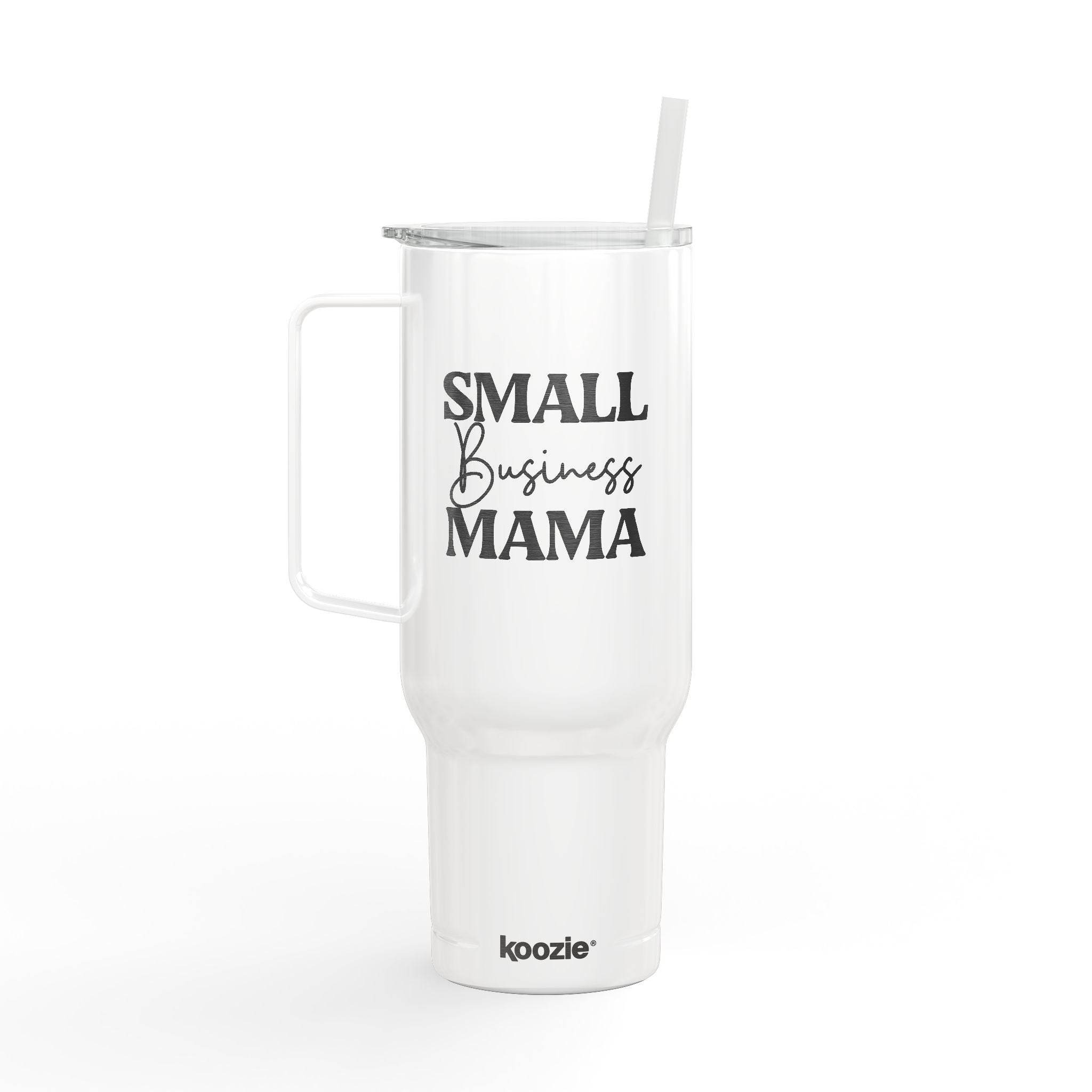Printify eco-friendly insulated tumbler with handle and small business mama text in black font