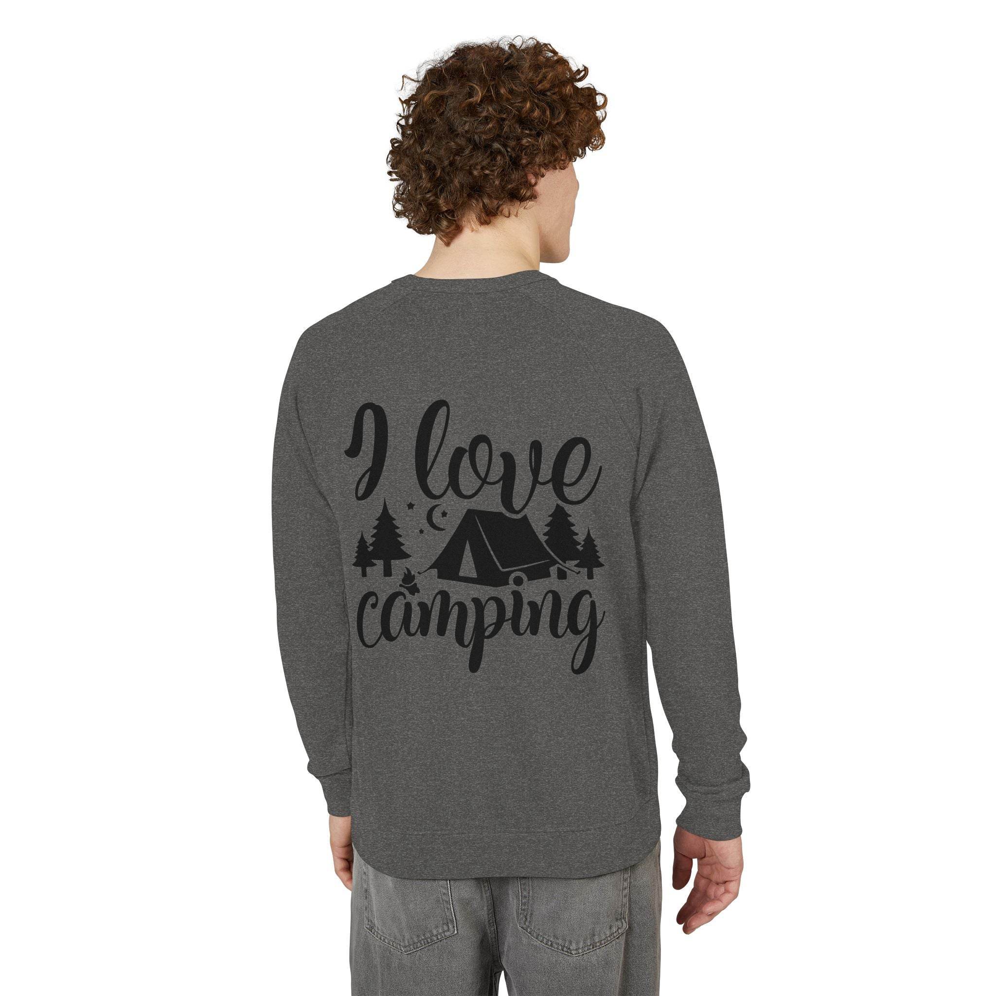 Printify gray long sleeve sweatshirt back view with I love camping tent and trees design eco-friendly camping sweatshirt