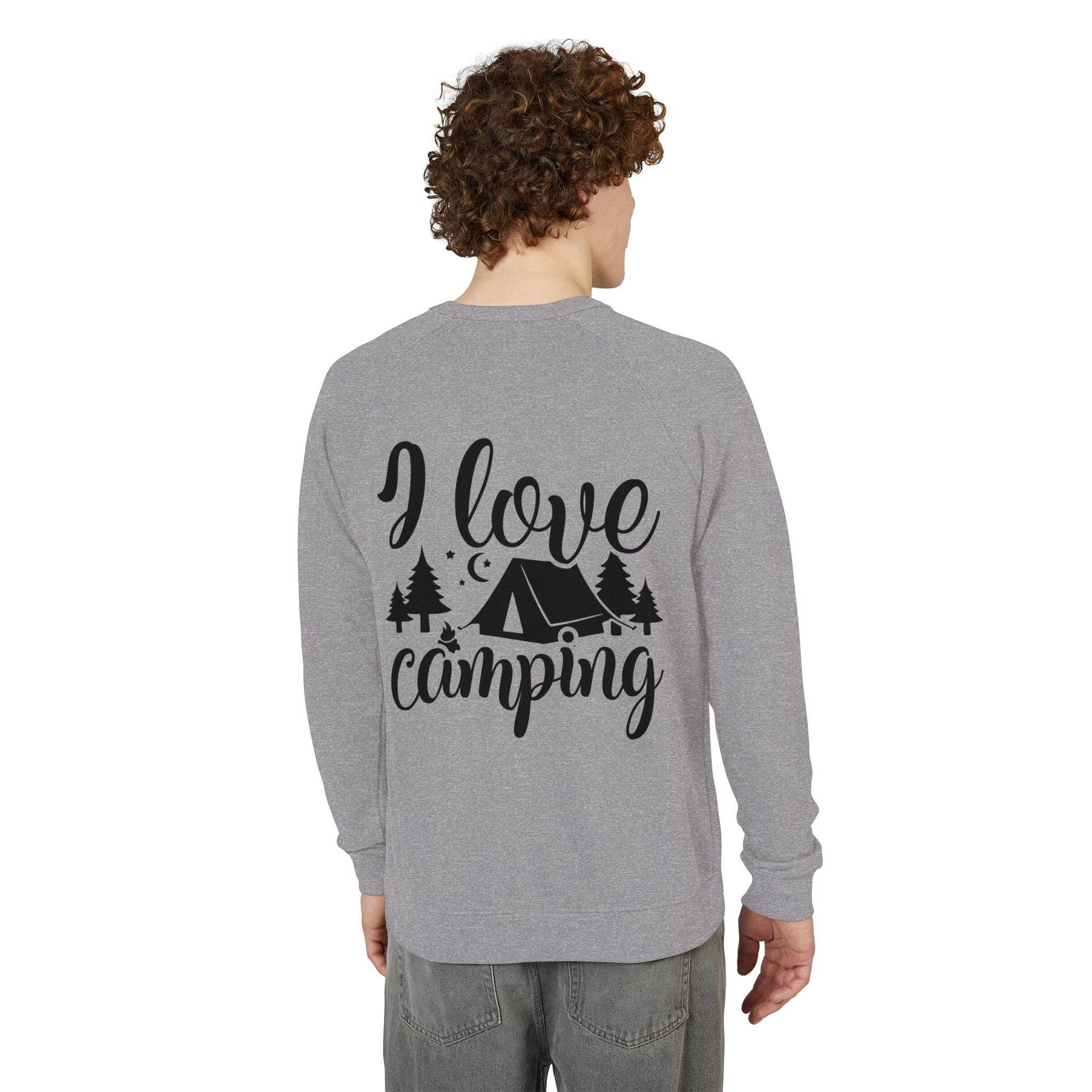 Printify grey sweatshirt back view with I love camping tent and trees print eco-friendly camping sweatshirt for outdoor lovers