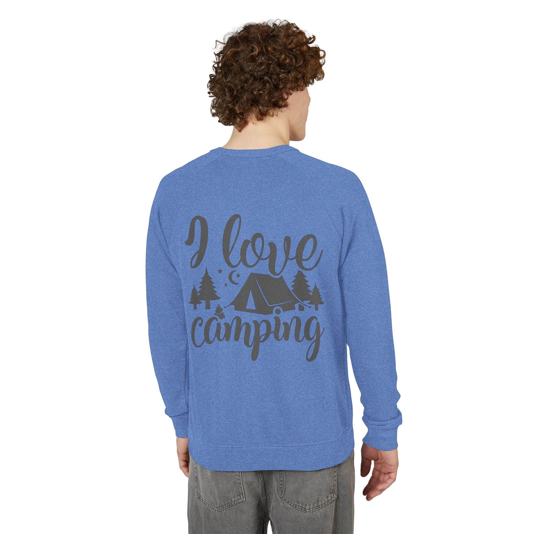 Printify blue sweatshirt showing back with I love camping tent and trees graphic eco-friendly camping sweatshirt