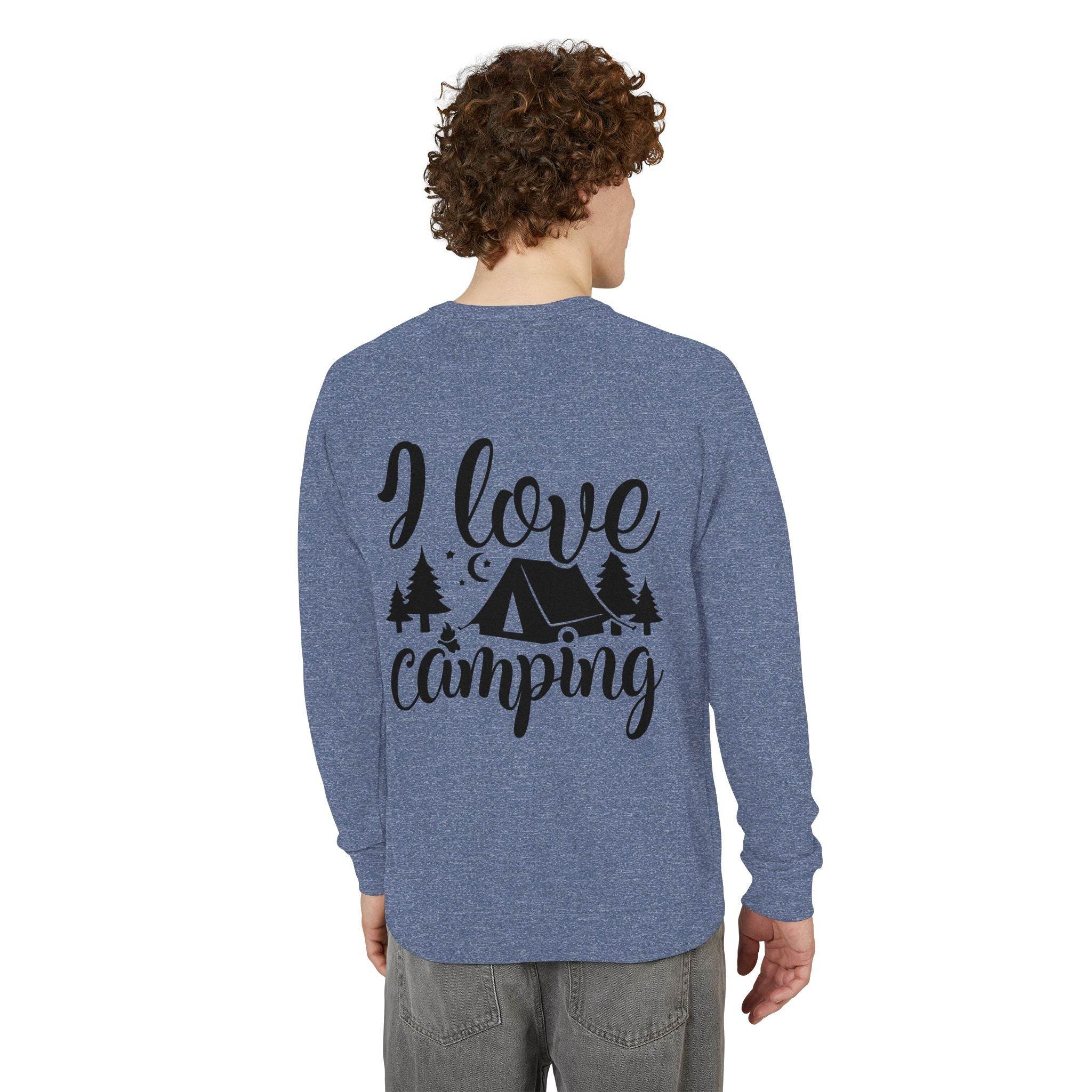 Printify blue long sleeve eco-friendly camping sweatshirt with I love camping tent and trees back print