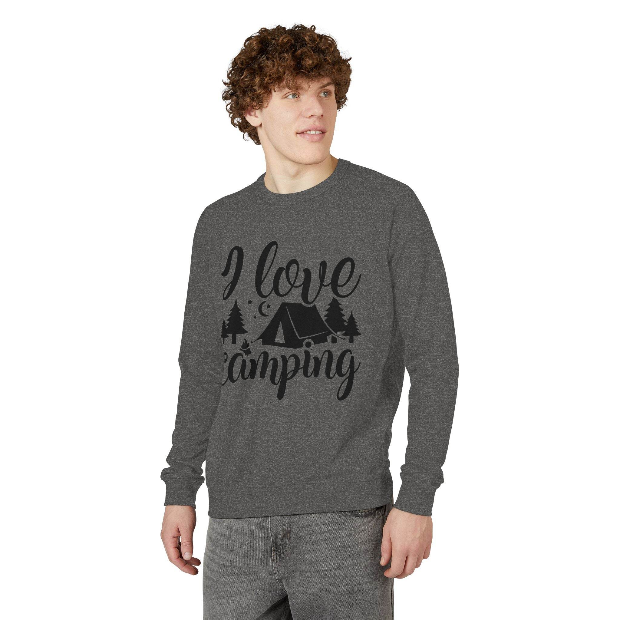 Printify eco-friendly camping sweatshirt on male model dark gray crewneck with I love camping tent and trees graphic