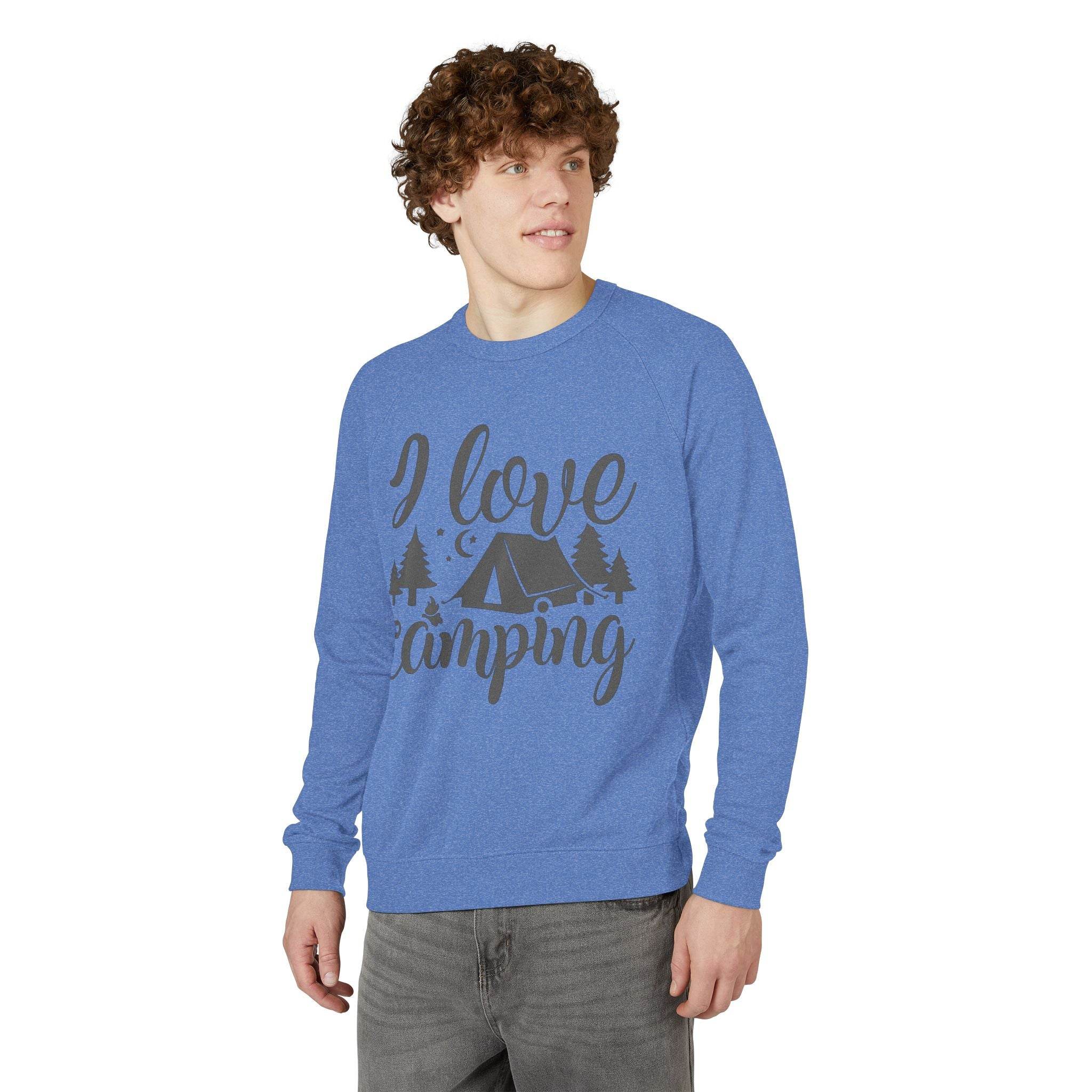 Printify eco-friendly camping sweatshirt blue crewneck with I love camping tent and trees design on male model