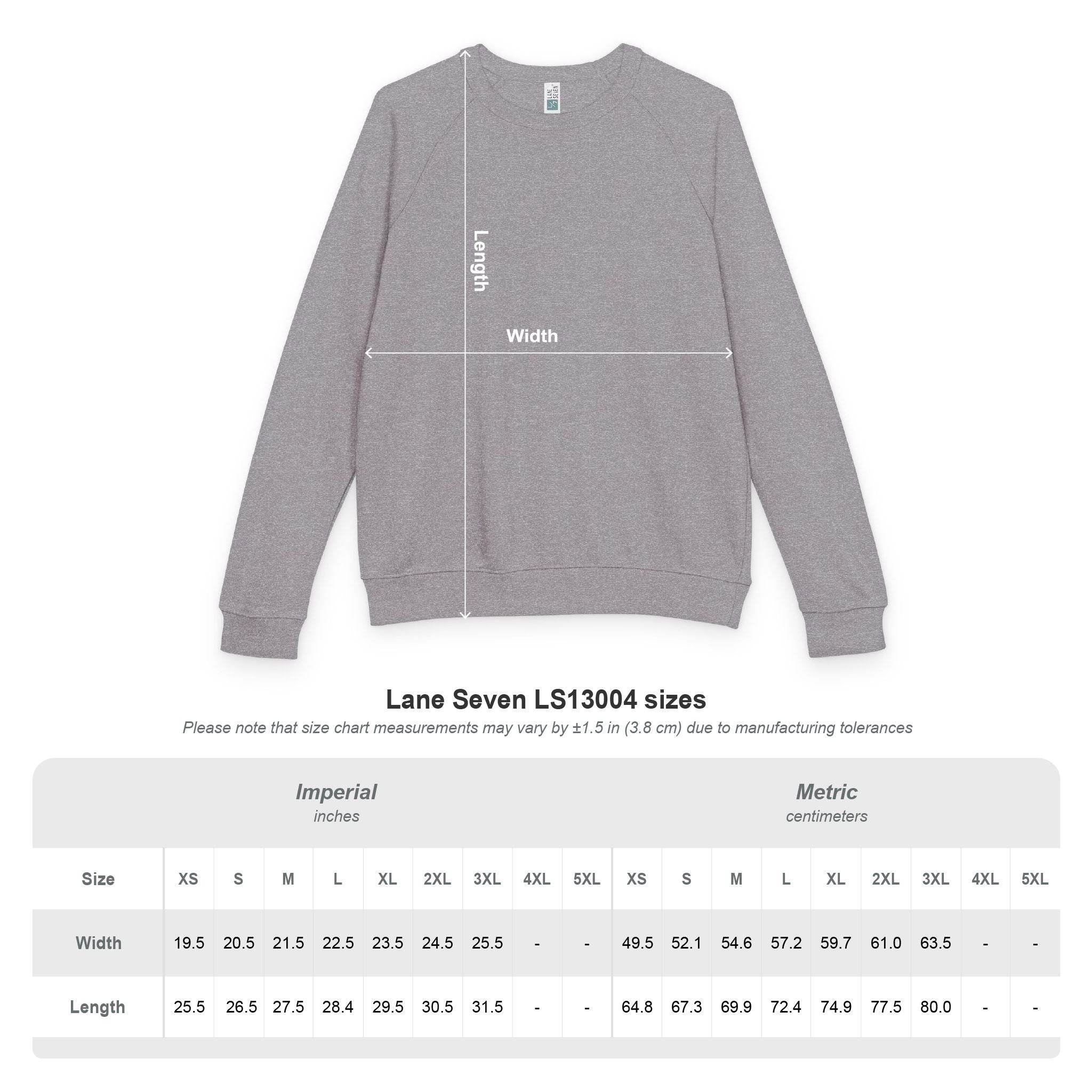 Printify eco-friendly camping sweatshirt gray crewneck flat lay showing length and width measurement guides and size chart