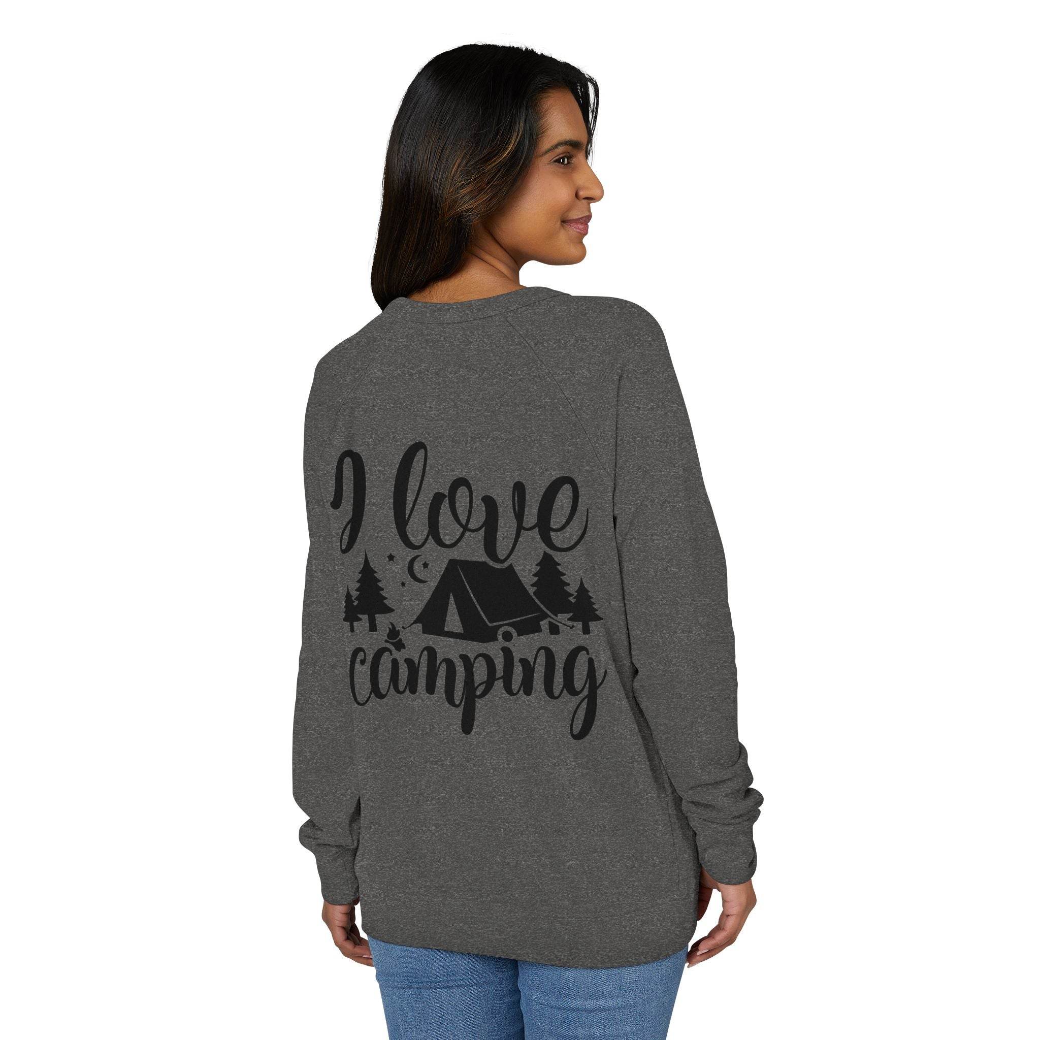 Printify long sleeve dark gray eco-friendly camping sweatshirt with I love camping tent and trees back print on model