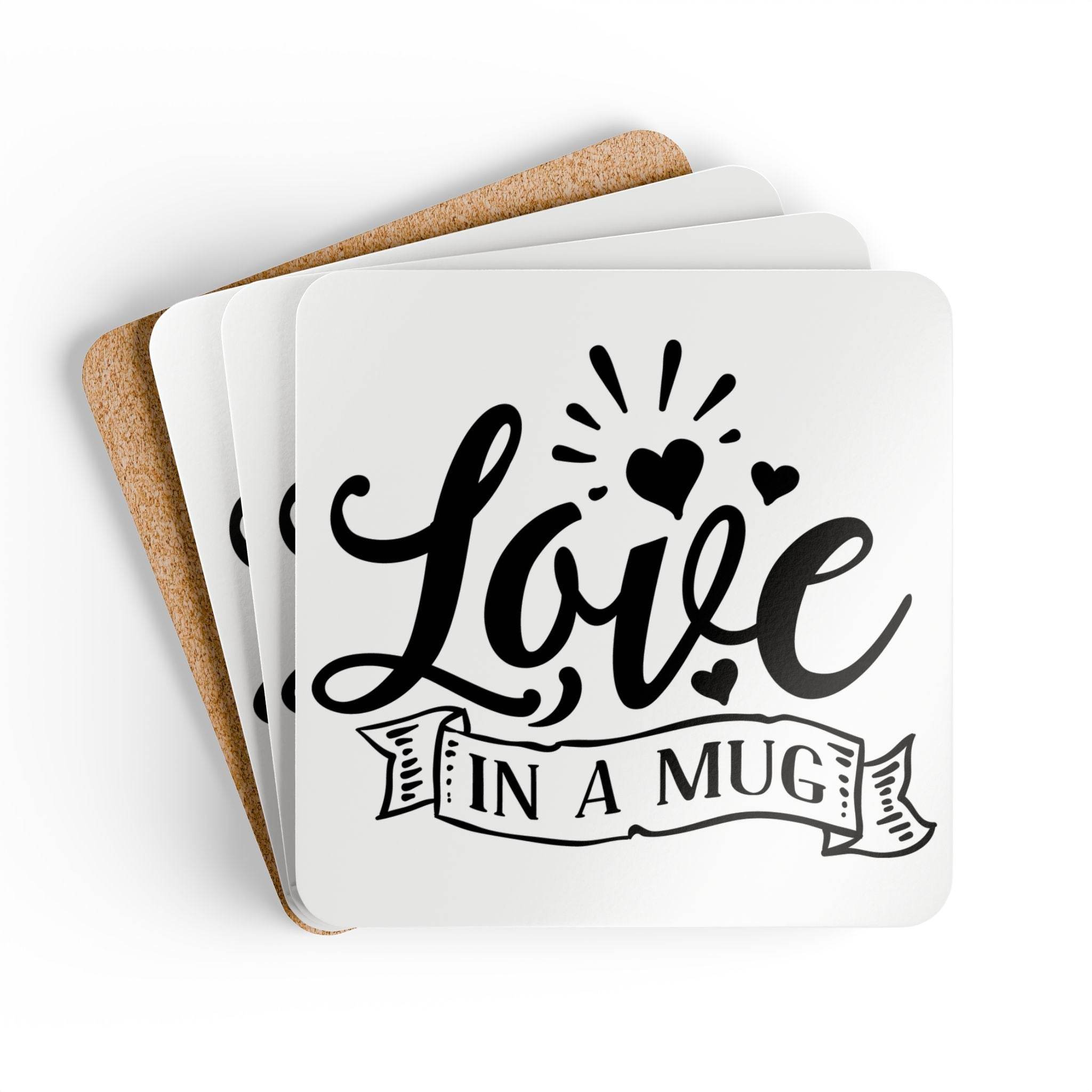 Set of Printify kitchen accessories love in a mug coasters with black script and heart designs