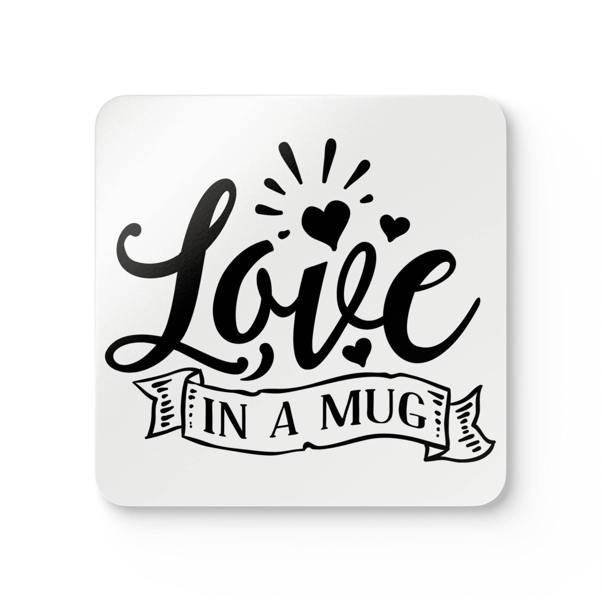 Printify kitchen accessory love in a mug coasters with black script and heart design on white background