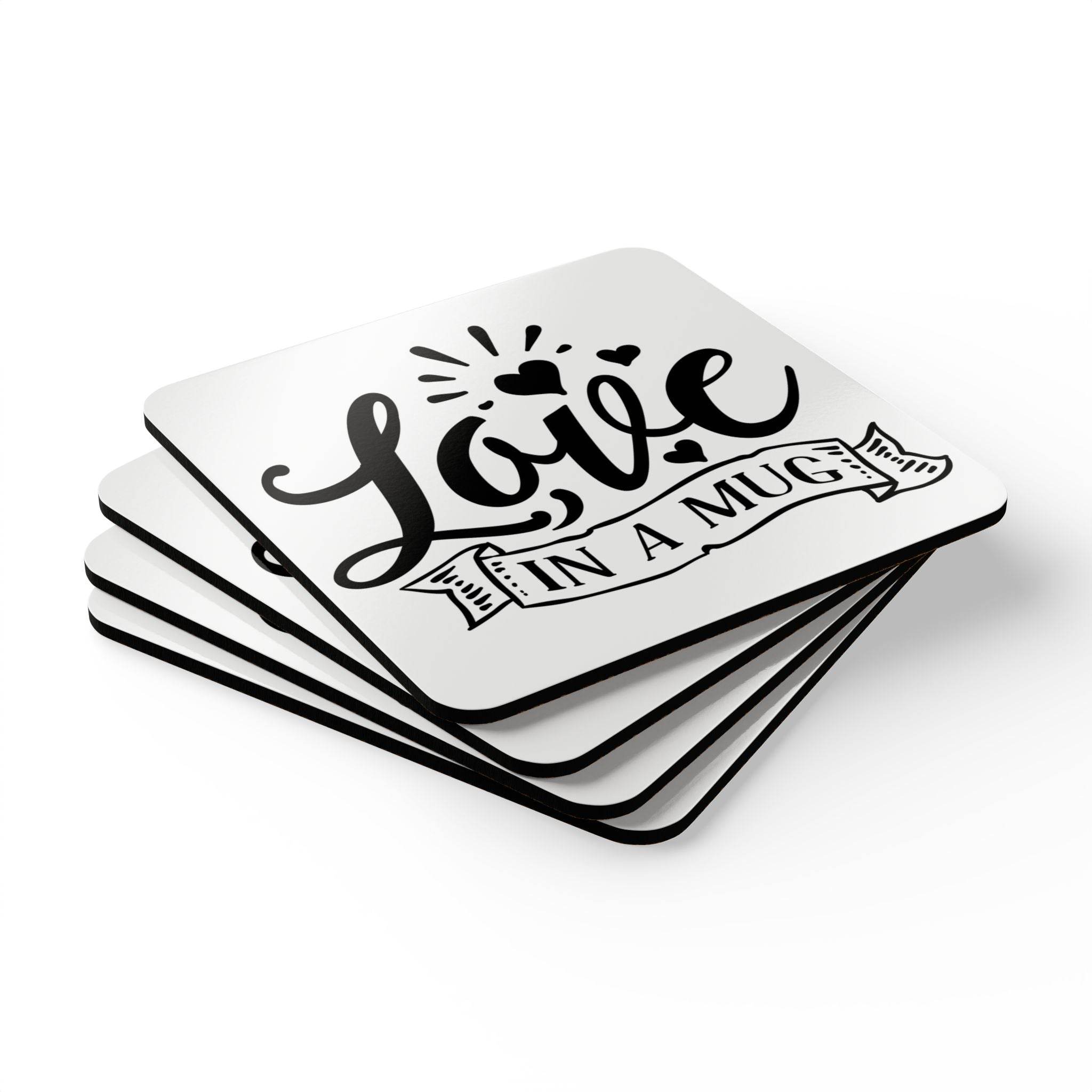 Set of Printify kitchen accessories love in a mug coasters with black lettering on white background