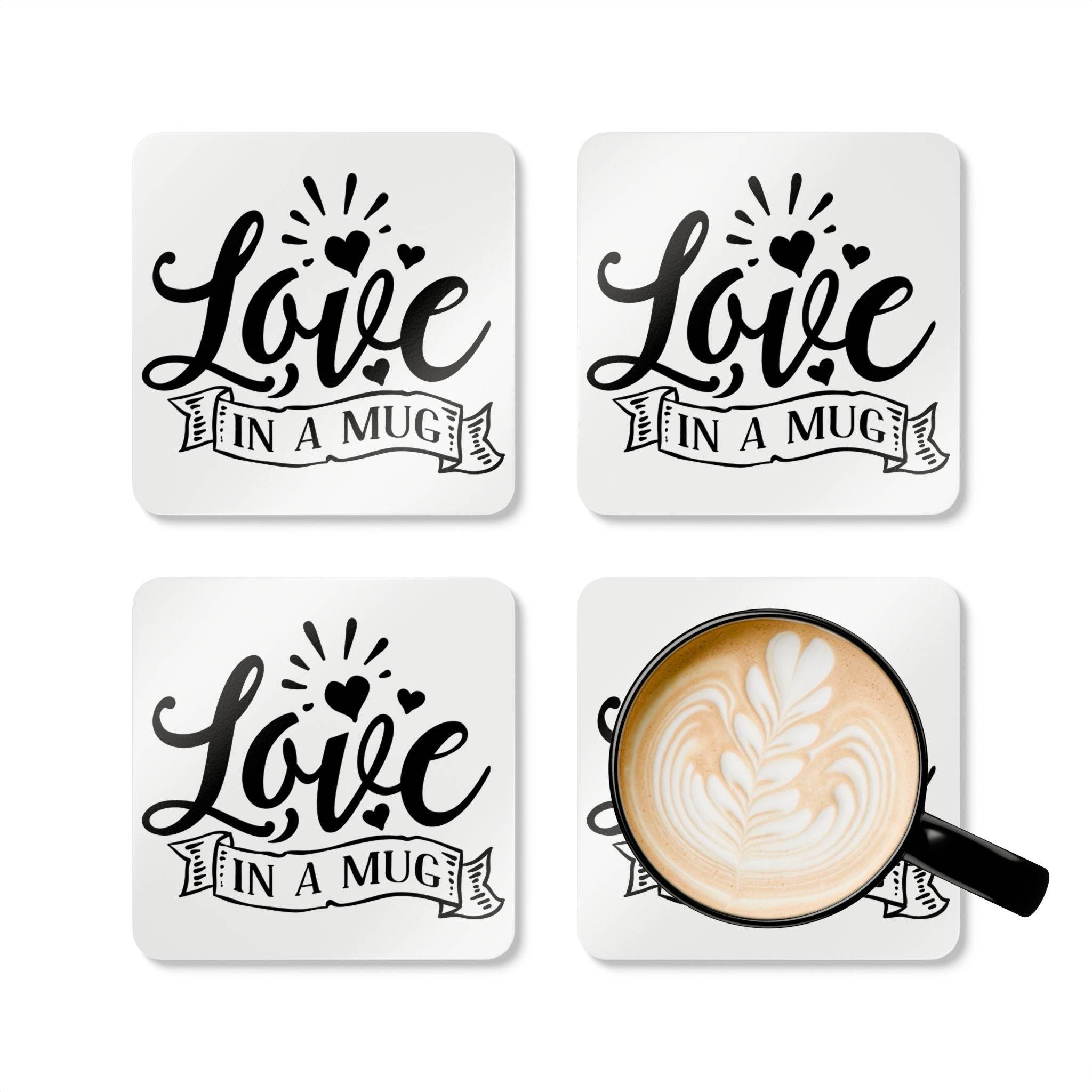 Set of four Printify kitchen accessories love in a mug coasters with black and white heart design and latte art