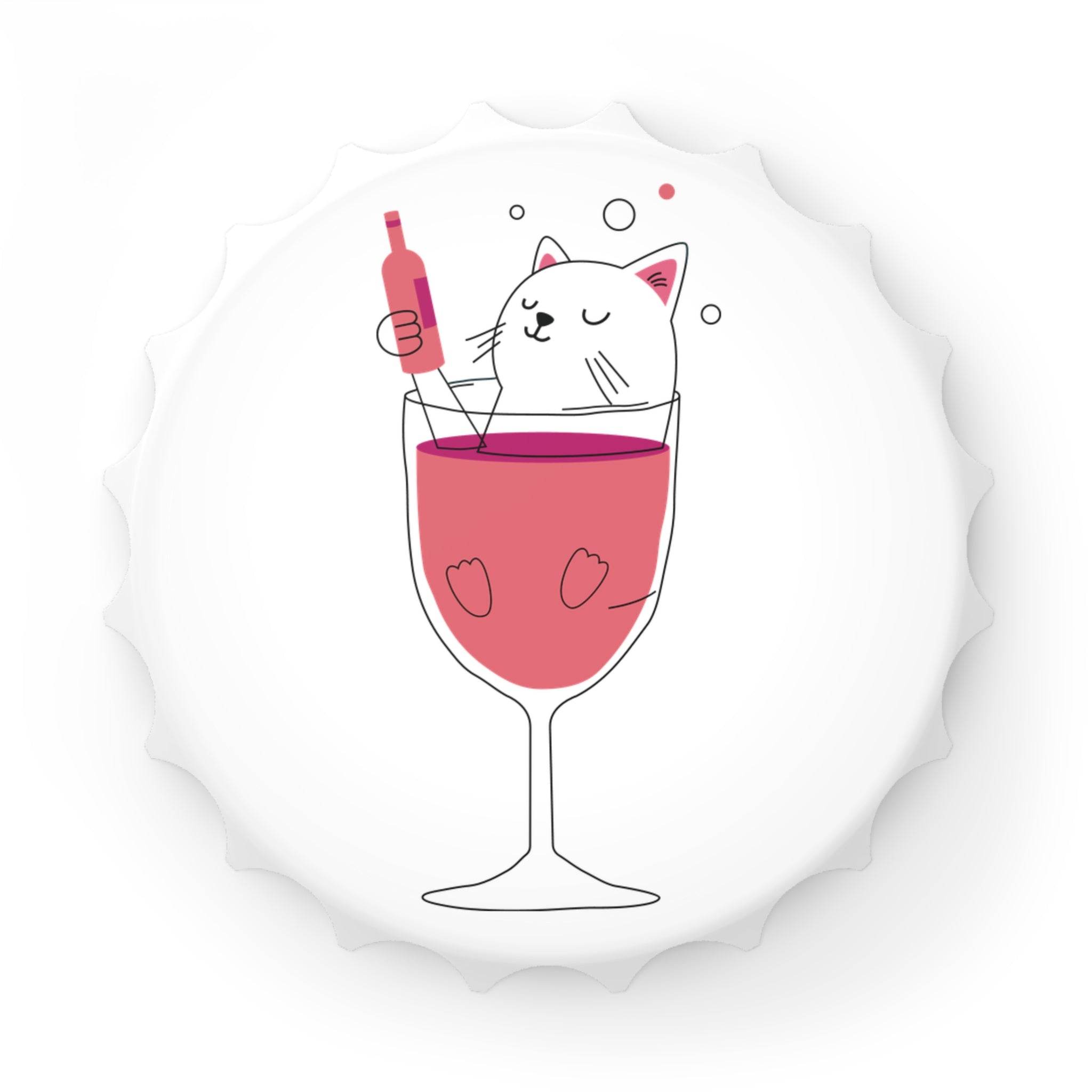 White magnetic cat bottle opener with a cute cat illustration relaxing in a wine glass holding a bottle