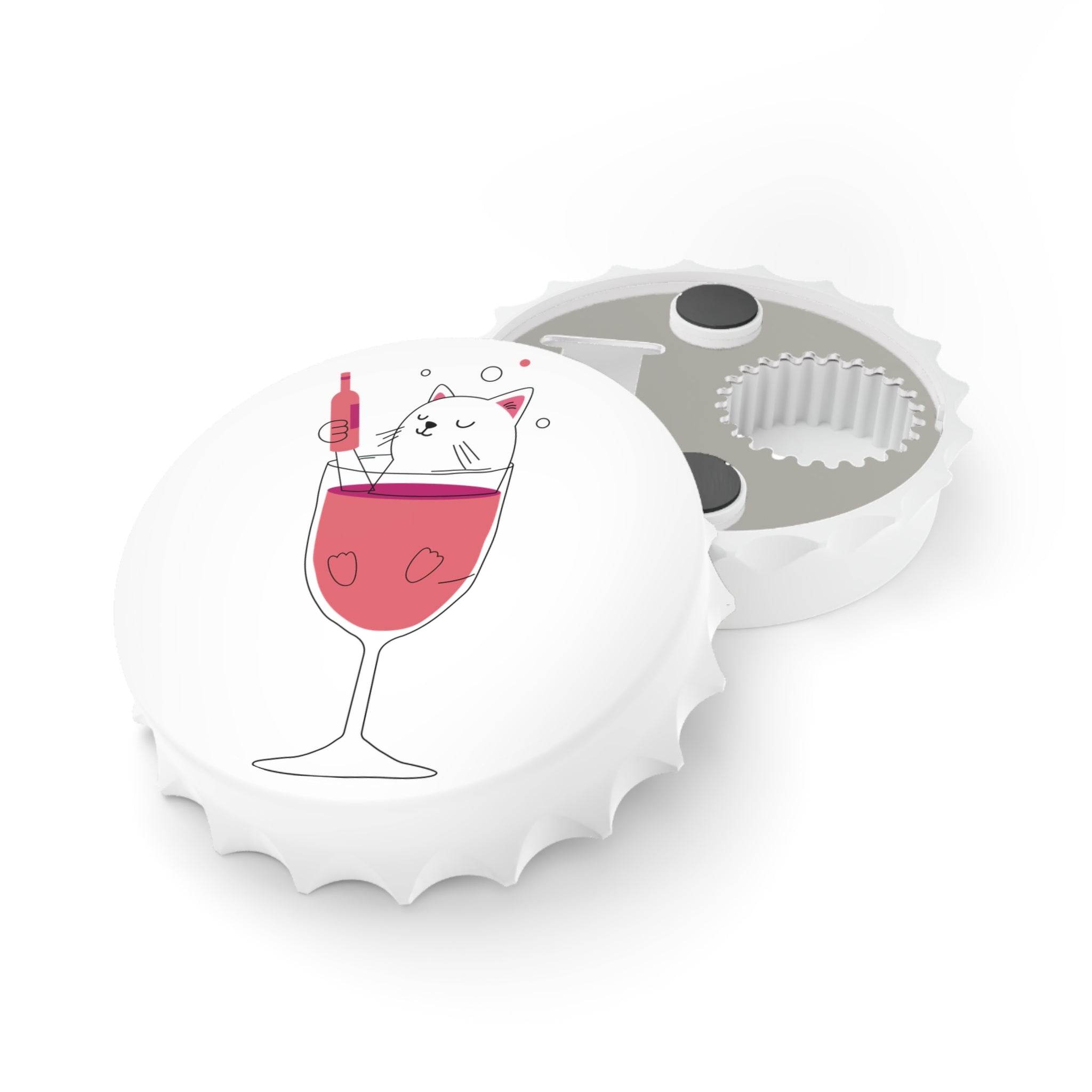 Printify magnetic cat bottle opener with white bottle cap design featuring a cat in a wine glass