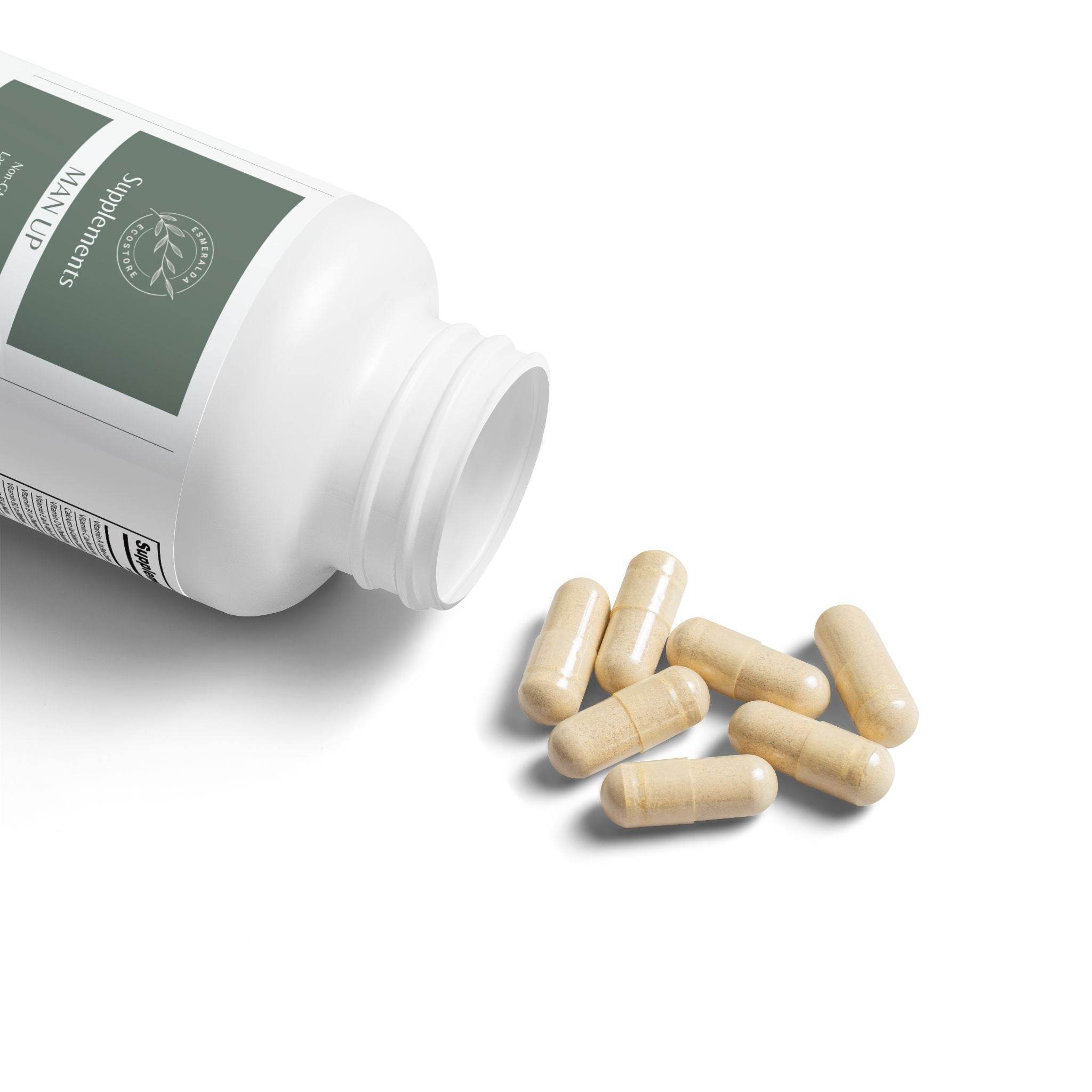 Printify non-GMO multivitamin for men capsules spilled from white supplement bottle