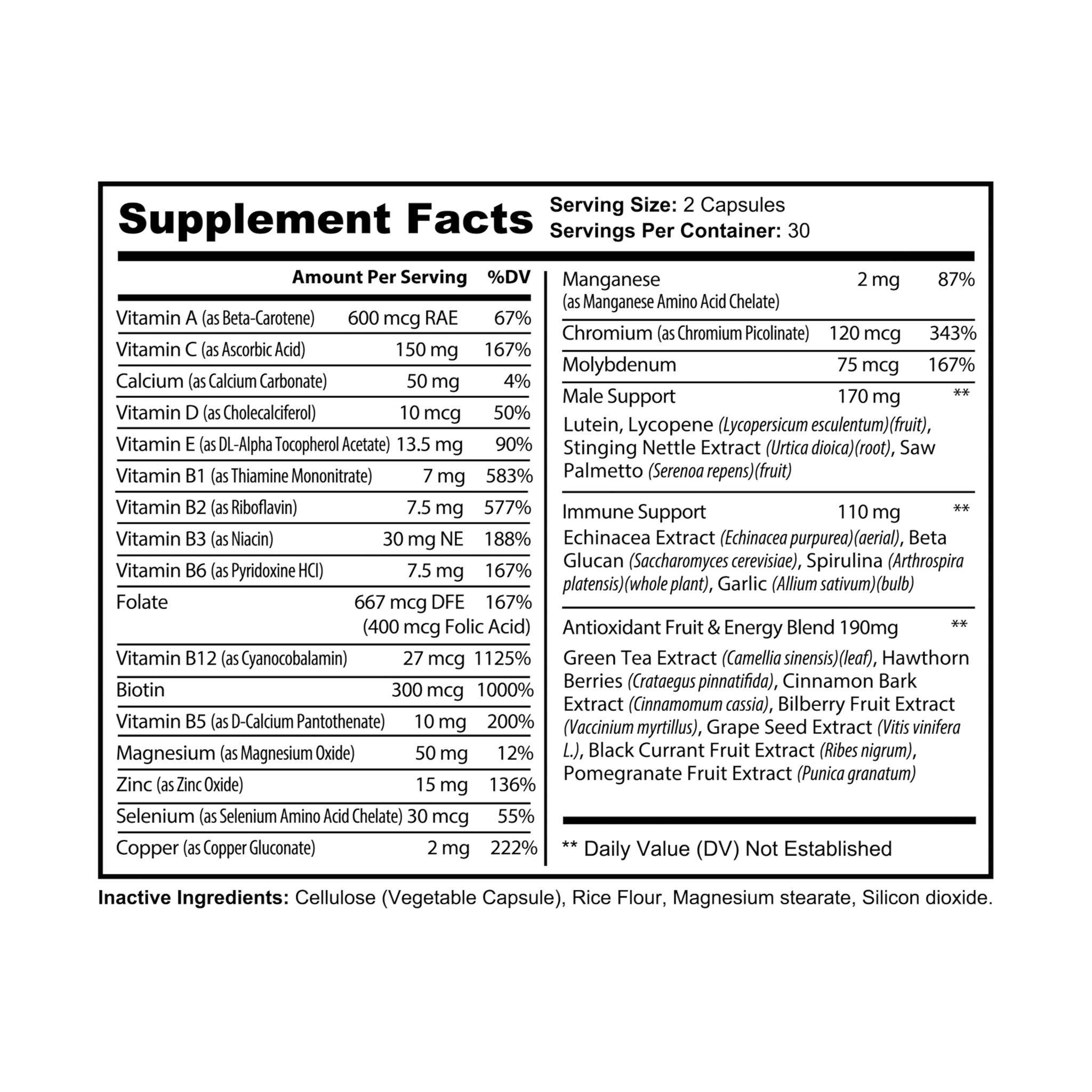 Supplement facts label for non-GMO multivitamin for men showing vitamins, minerals, and immune support ingredients