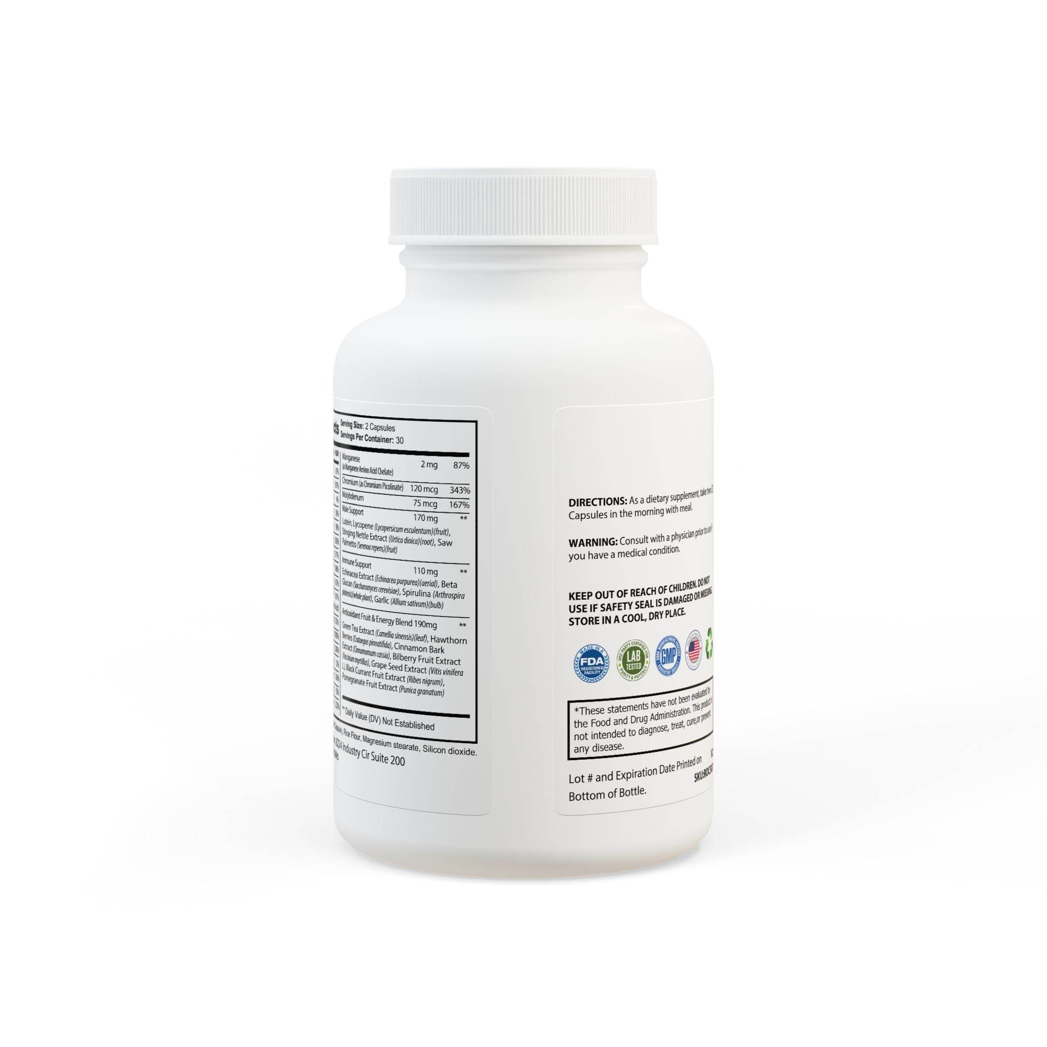Printify white supplement bottle showing label details of non-GMO multivitamin for men