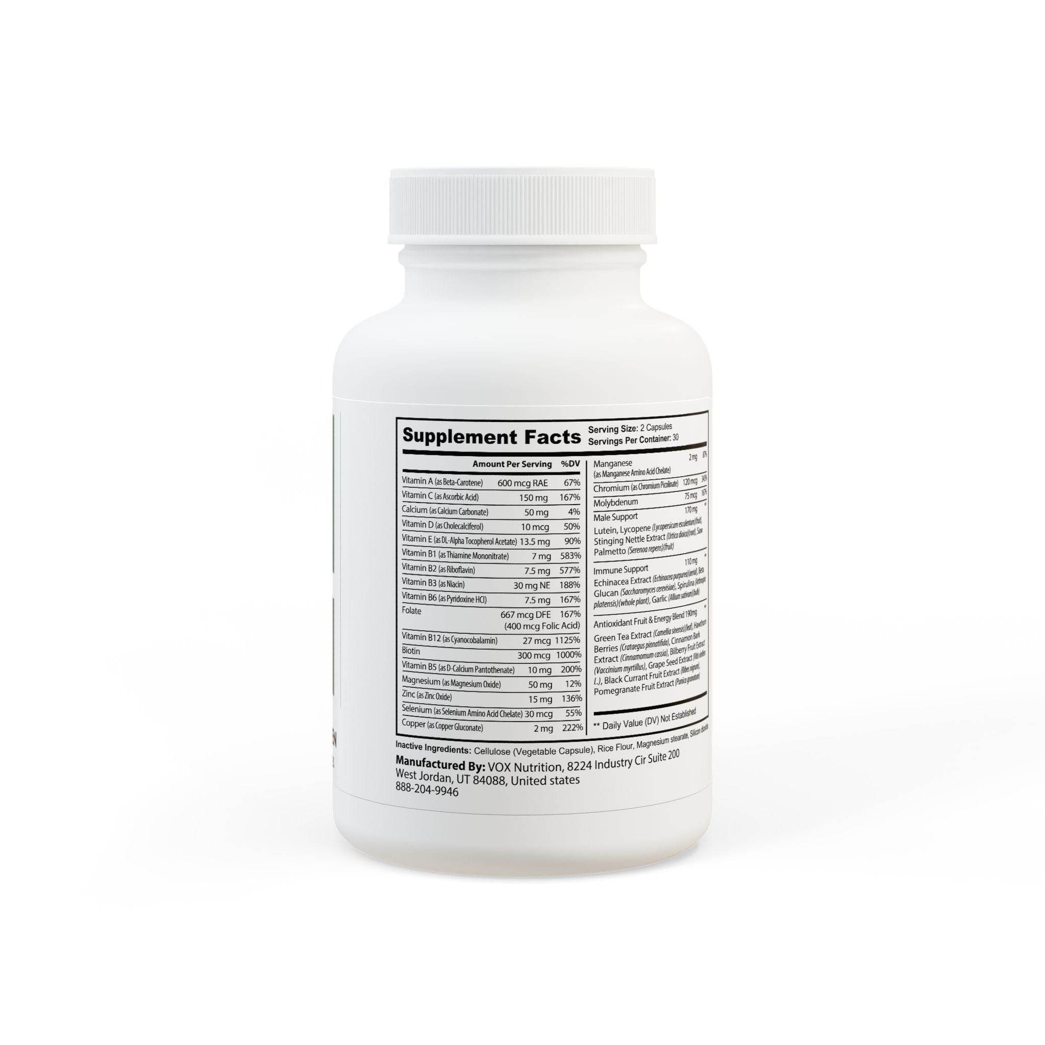 Printify supplement bottle showing supplement facts label for non-GMO multivitamin for men