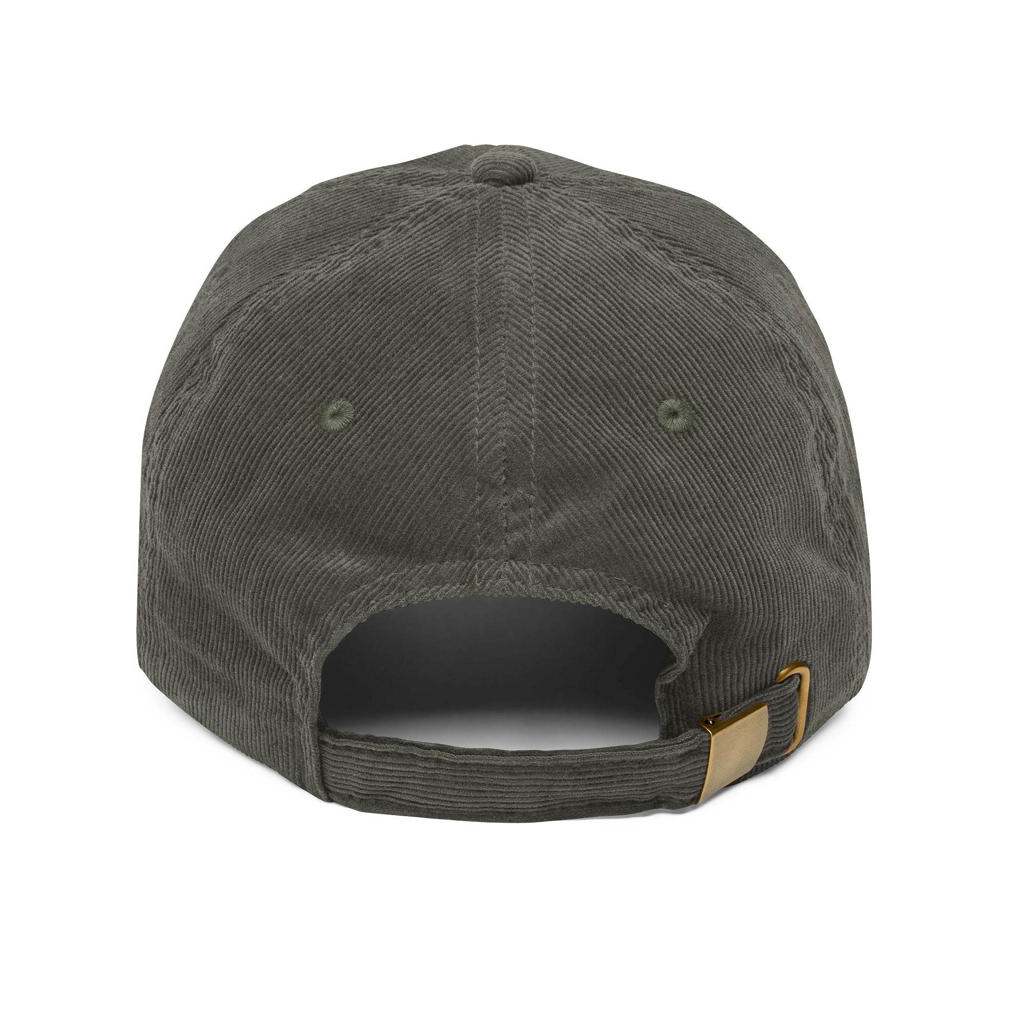 Back view of vintage corduroy cap in dark green with adjustable strap by Printify