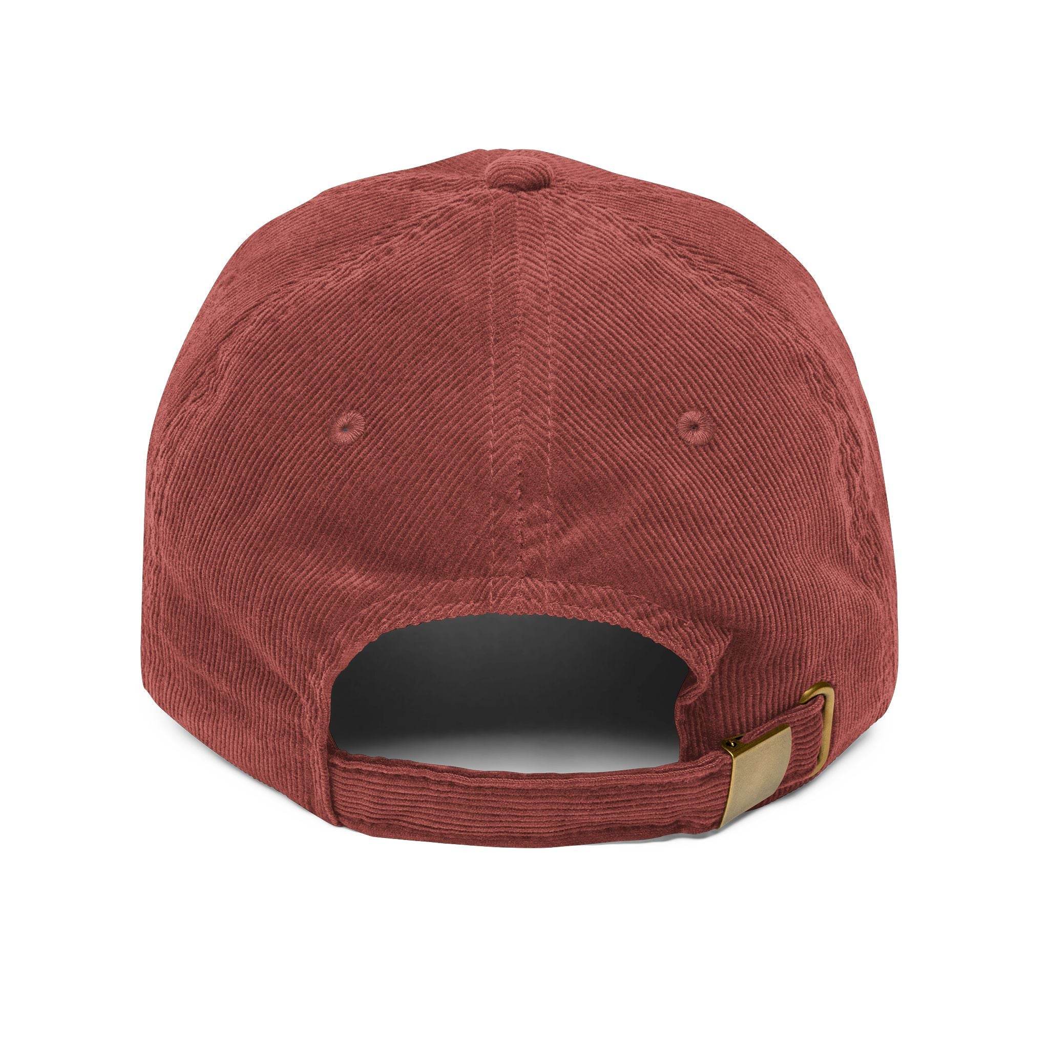 Back view of a red vintage corduroy cap by Printify with adjustable strap and brass buckle