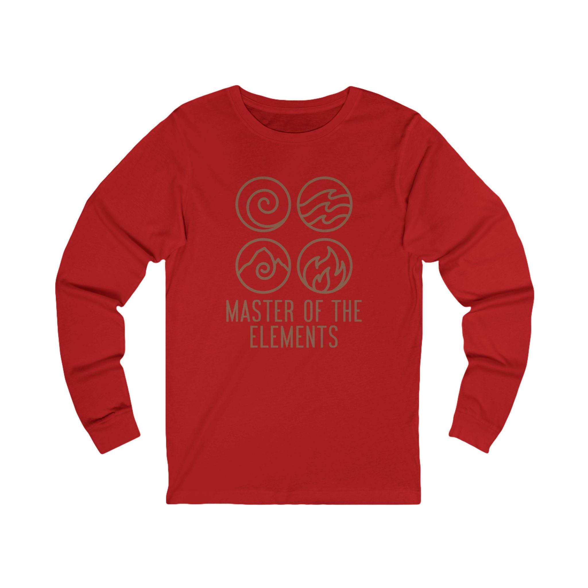 Red Printify eco-friendly long sleeve tee with master of the elements graphic design