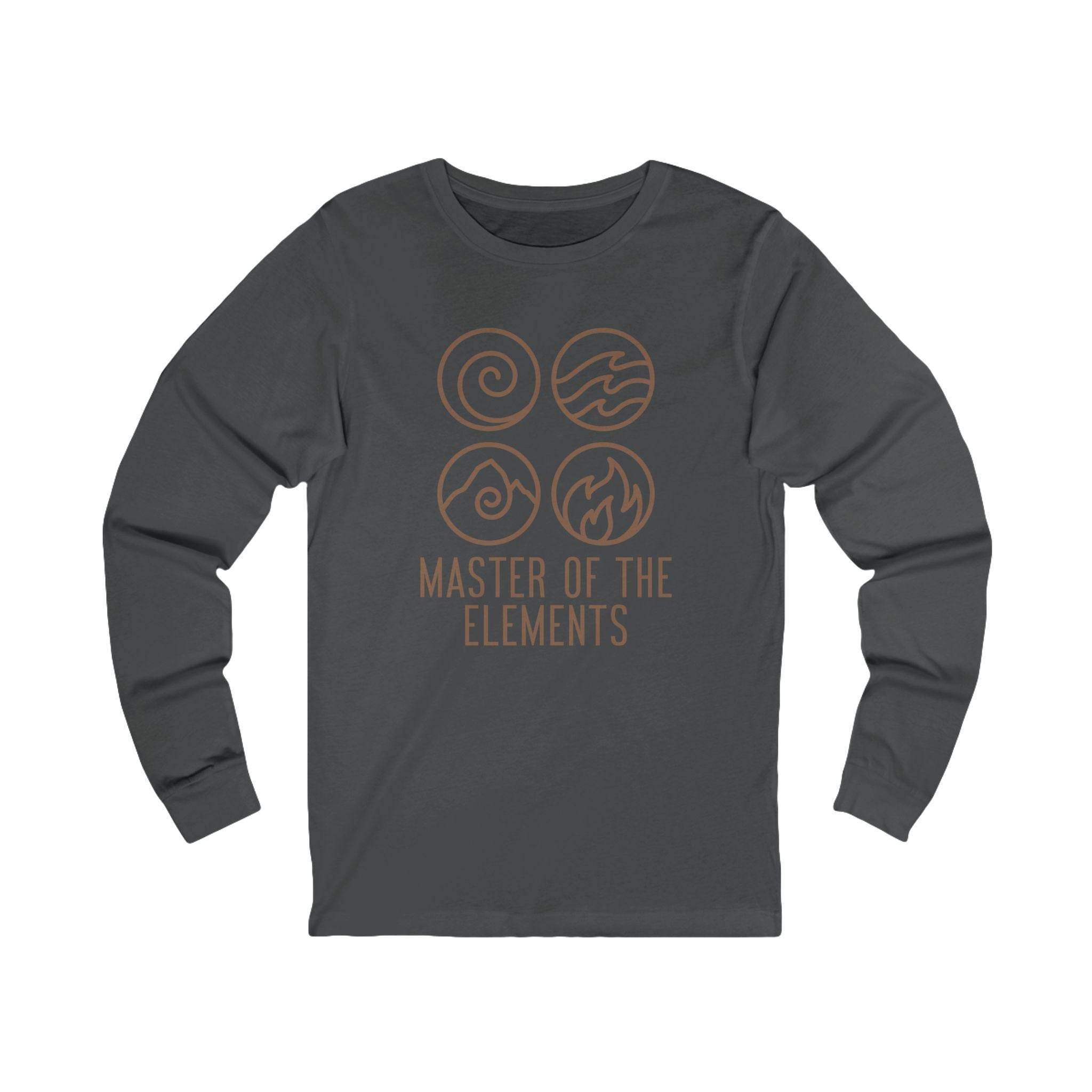 Printify eco-friendly long sleeve tee in dark gray with master of the elements graphic design