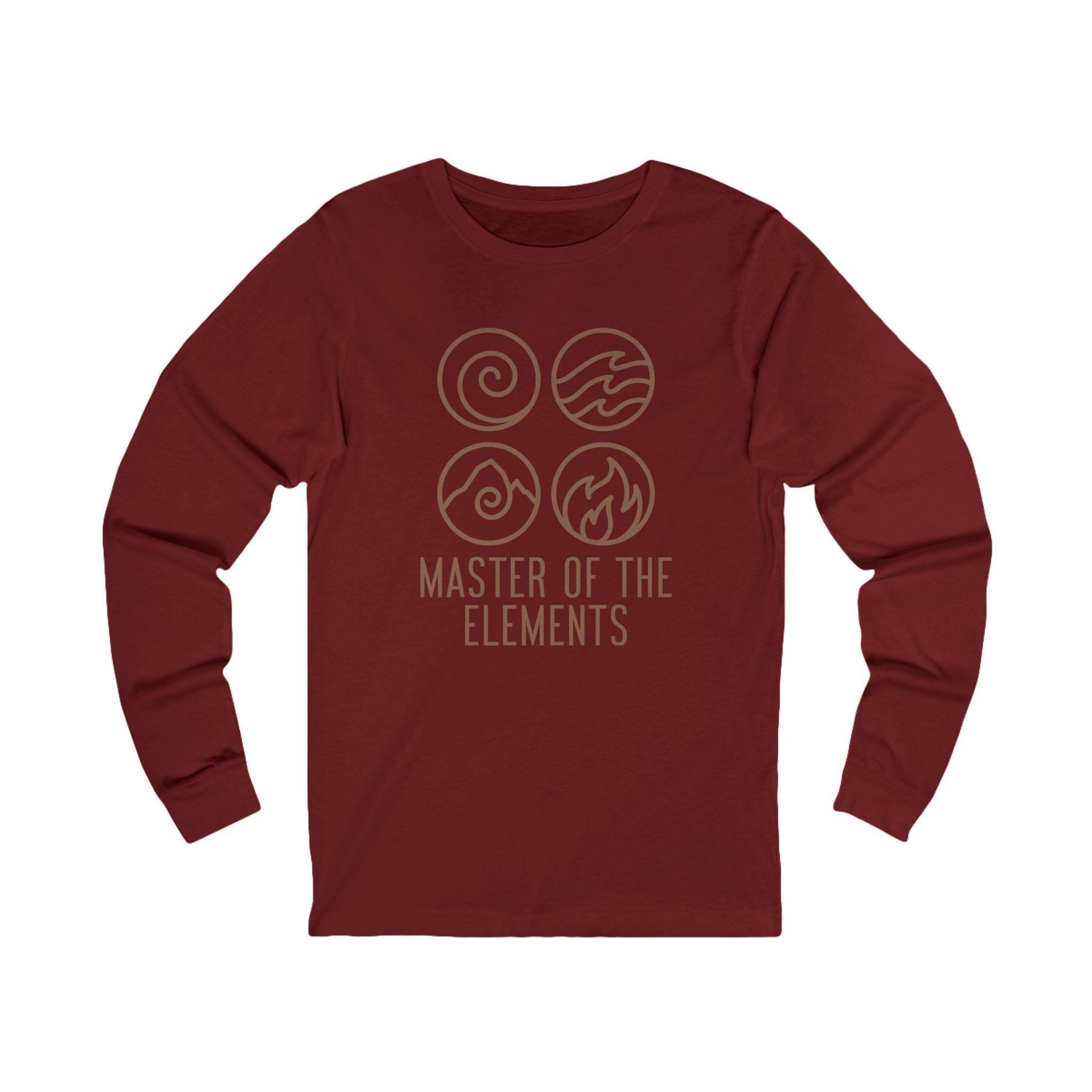 Printify eco-friendly long sleeve tee in maroon with master of the elements design
