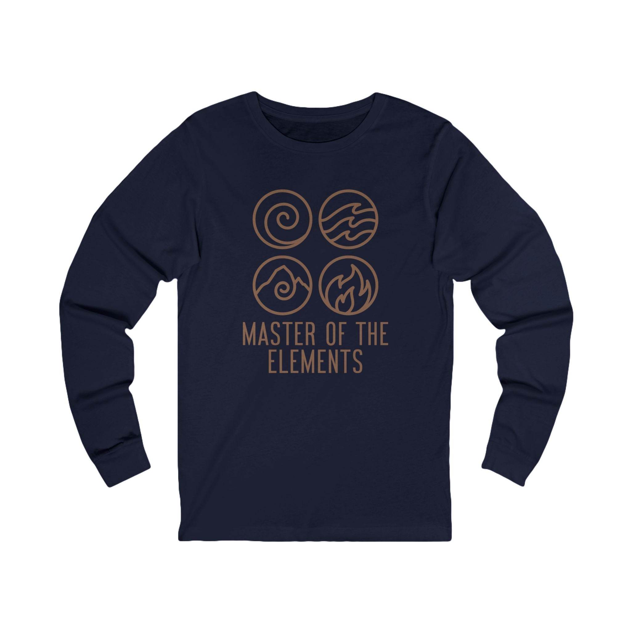 Printify eco-friendly long sleeve tee in navy with master of the elements graphic design
