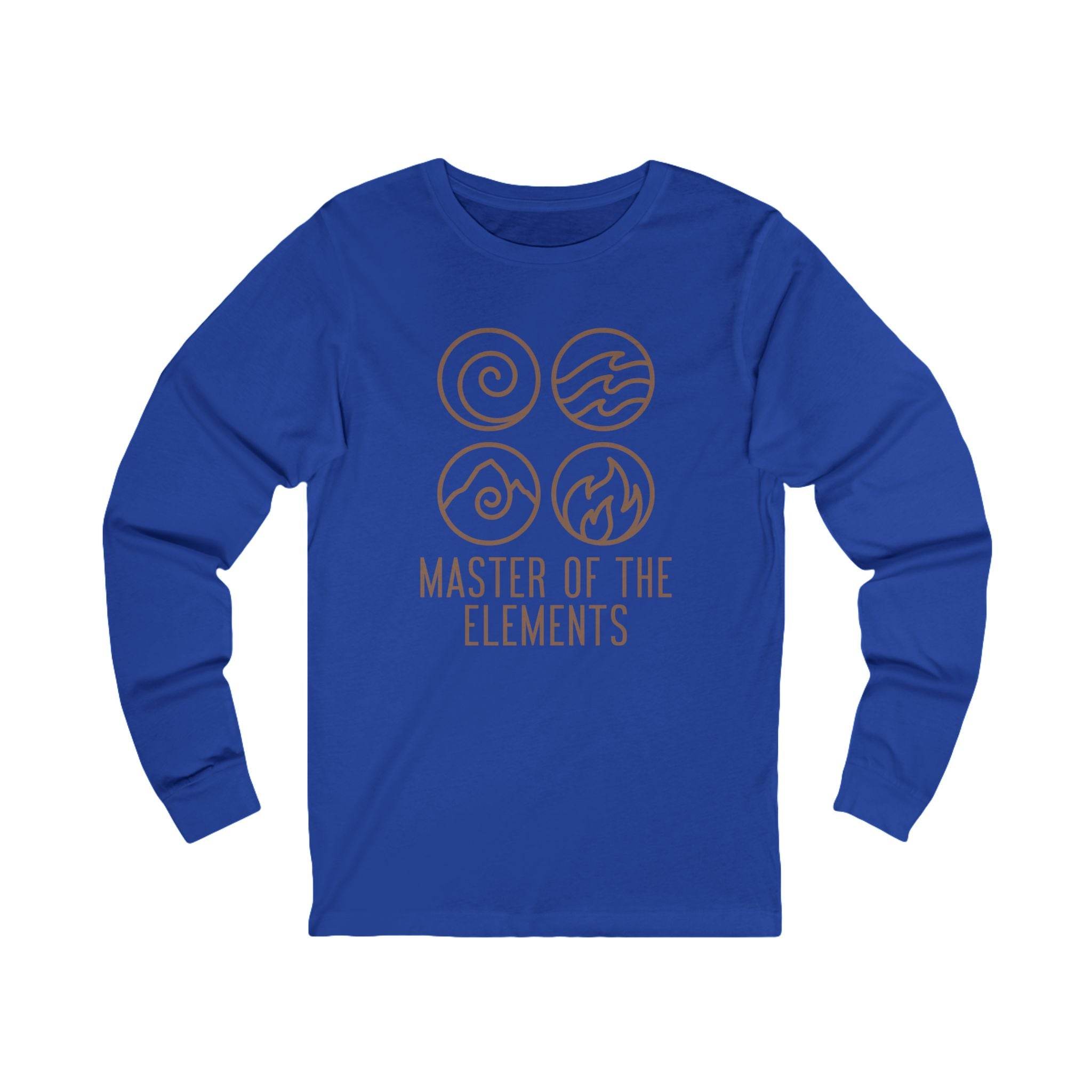 Printify blue eco-friendly long sleeve tee with master of the elements graphic design
