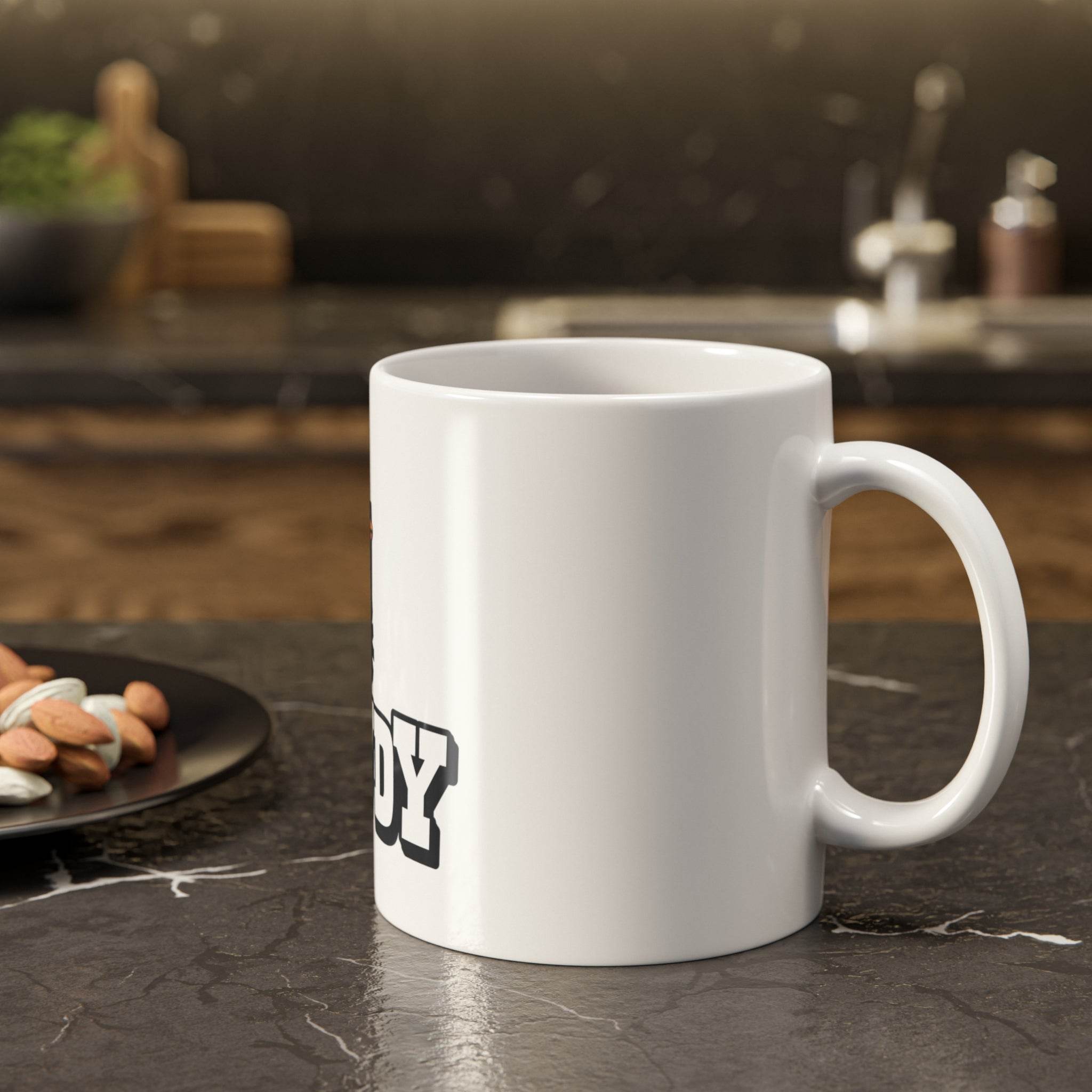 Printify eco-friendly ceramic mug white with large handle on marble countertop with snacks nearby