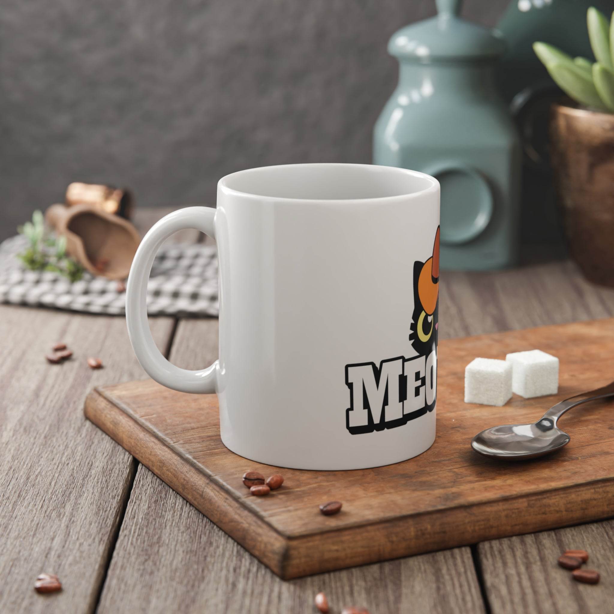 Printify eco-friendly ceramic mug with cat and text design on wooden tray with sugar cubes and spoon