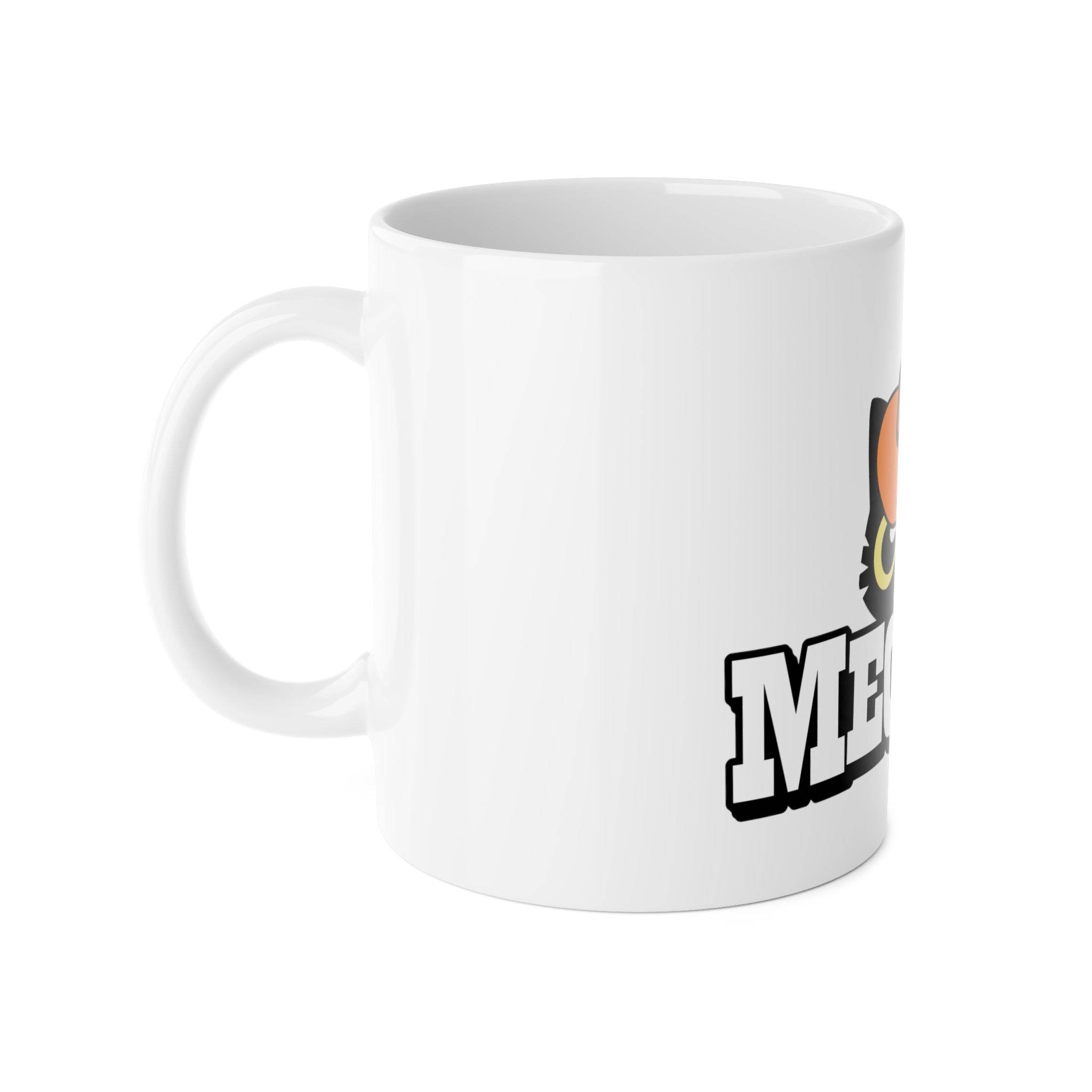 Printify white eco-friendly ceramic mug with partial colorful cat design and text