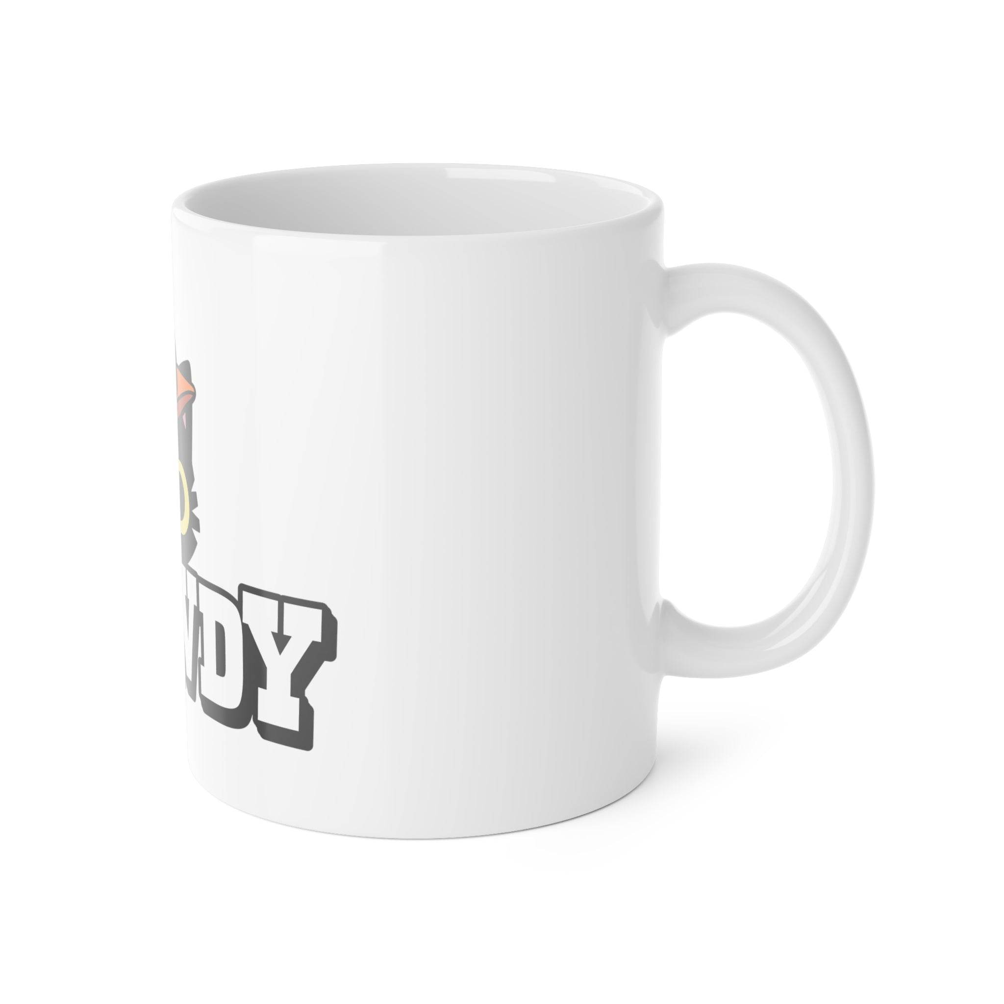 Printify white eco-friendly ceramic mug with partial black and yellow graphic design