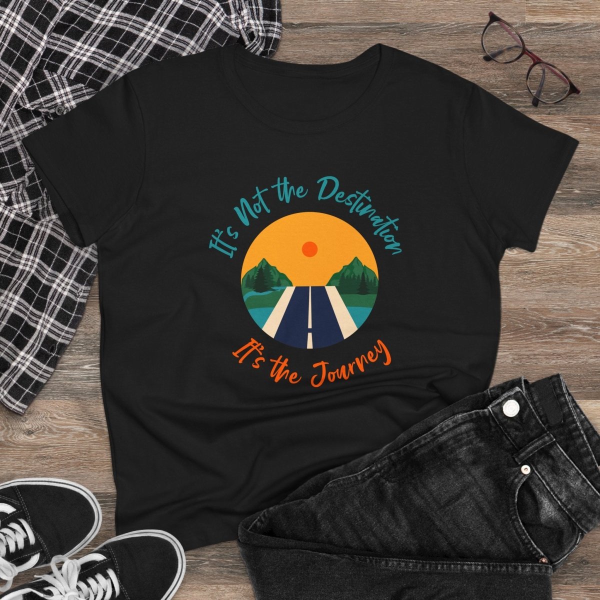 Midweight women's eco tee in black with a journey-themed graphic and vibrant colors