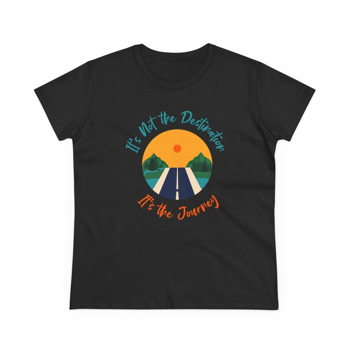 Black midweight women's eco tee featuring a graphic with the phrase It's Not the Destination It's the Journey