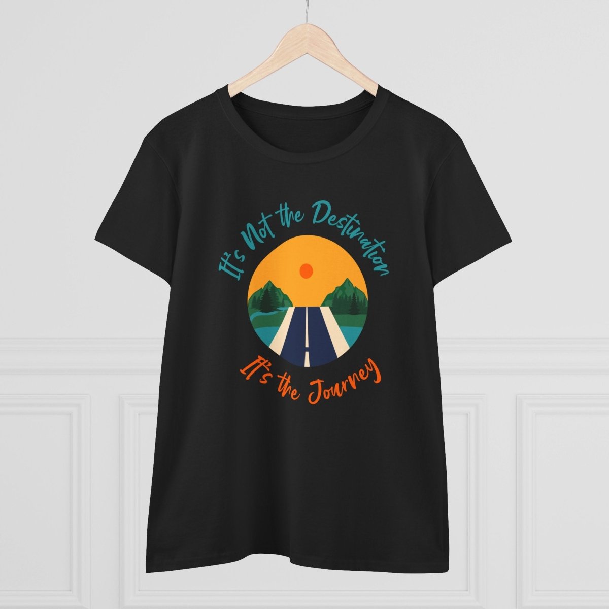 Black midweight women's eco tee with colorful road and sun graphic for a stylish casual look