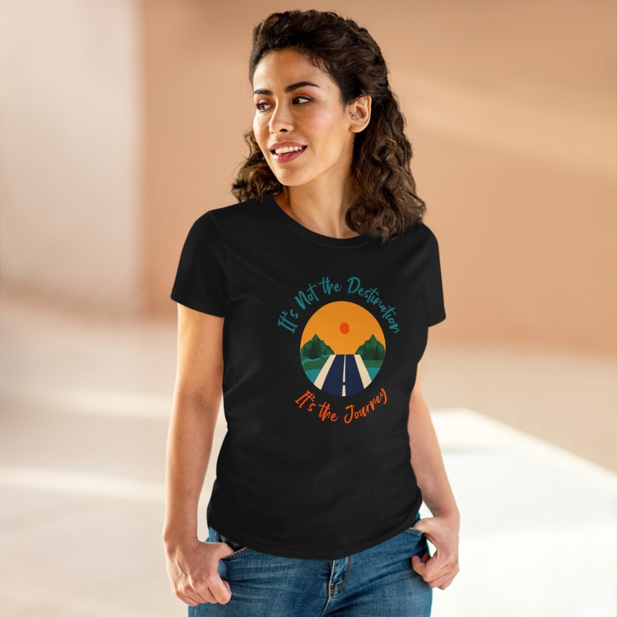 Black Midweight Women's Eco Tee with Journey Quote and Scenic Design for Eco-conscious Fashion