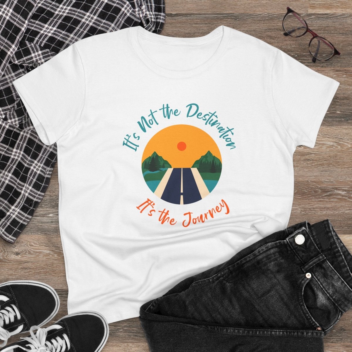 Midweight women's eco tee with a colorful journey graphic and inspirational text