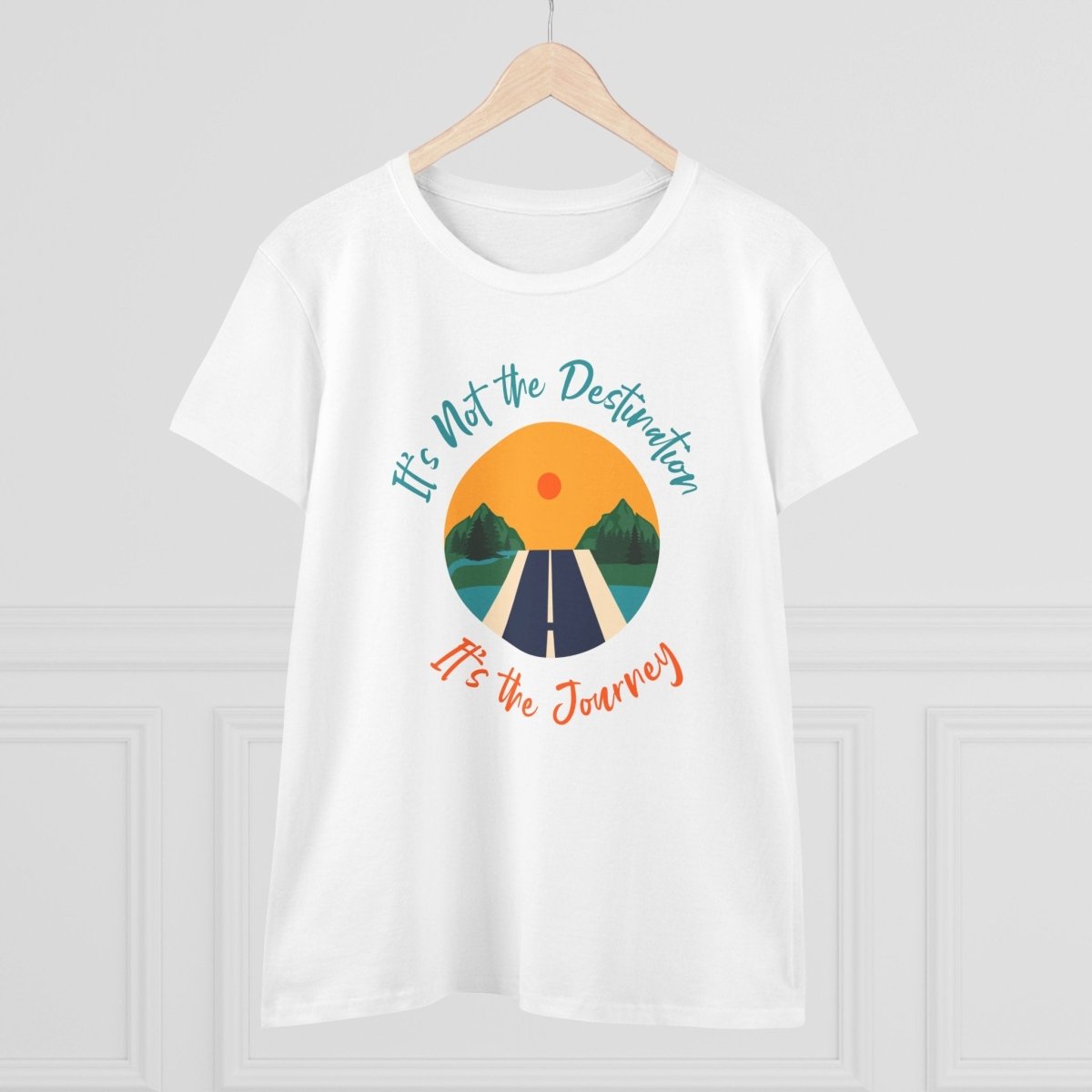 White midweight women's eco tee featuring a travel-themed graphic with the quote It's Not the Destination It's the Journey