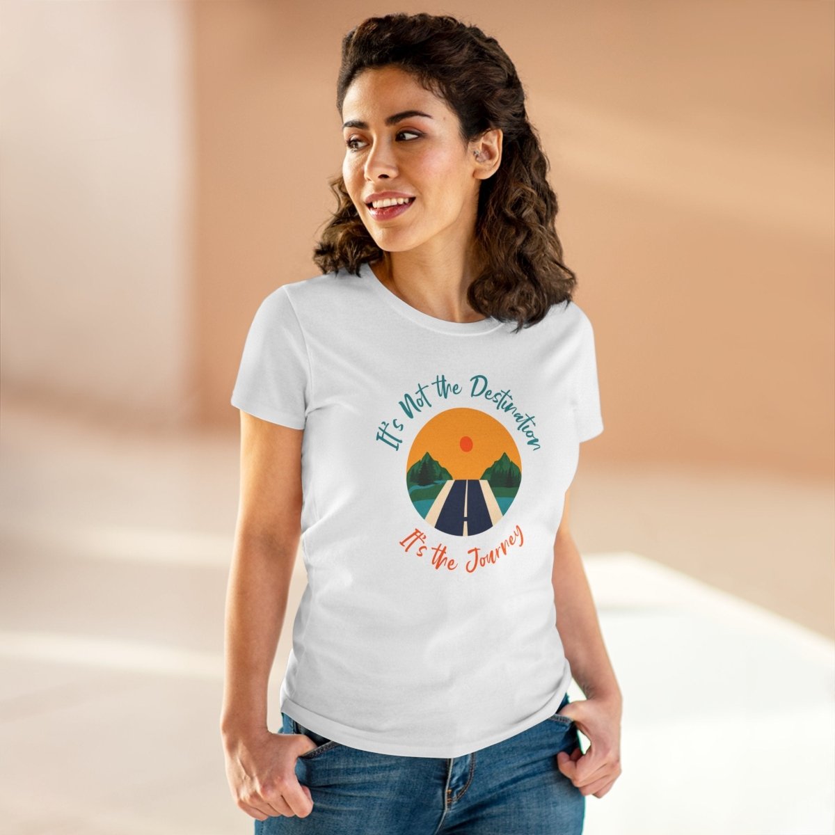 Midweight women's eco tee featuring a sunset graphic and inspirational text about journeys